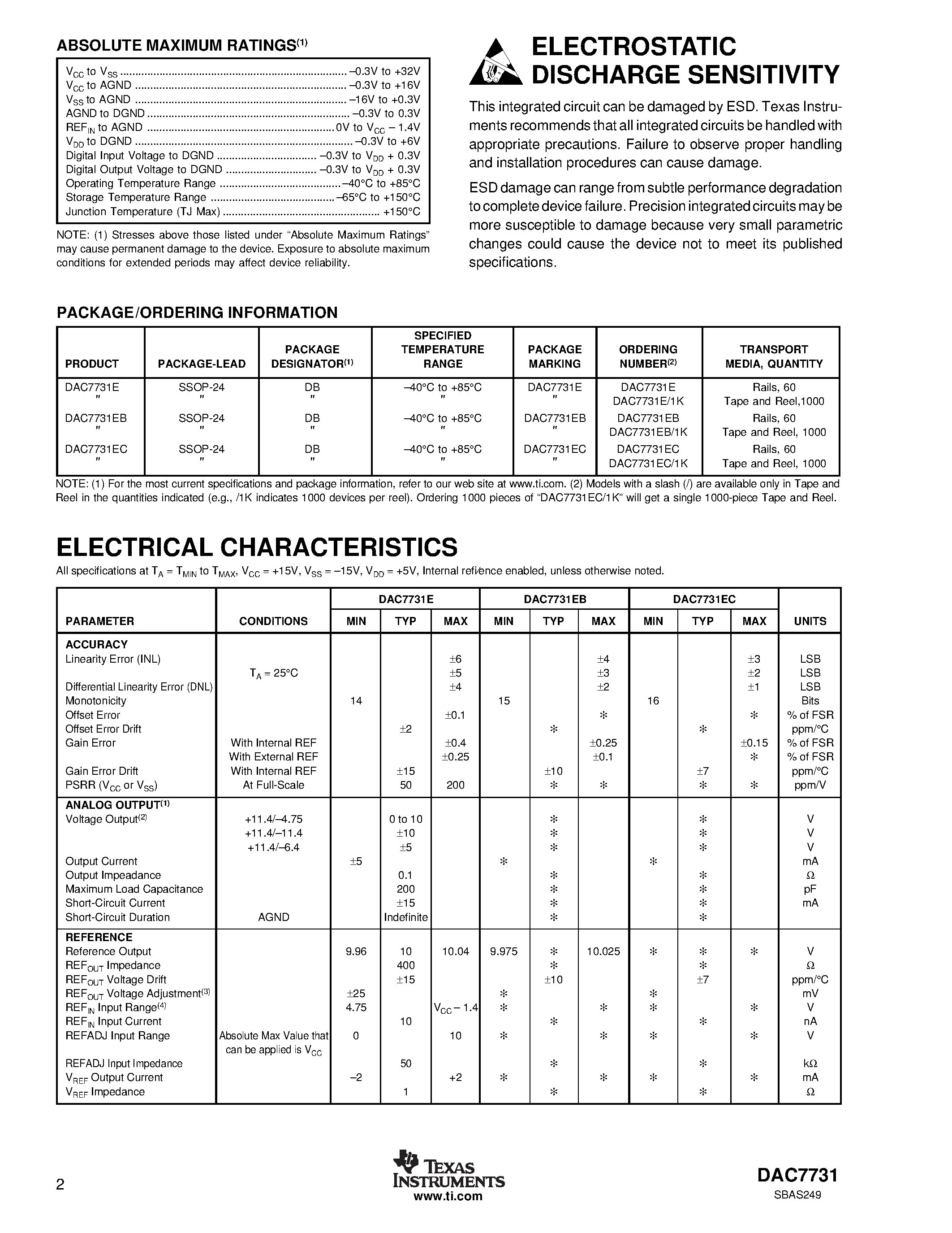 Datasheet DAC7731EC - 16-Bit/ Voltage Output/ Serial Input DIGITAL-TO-ANALOG CONVERTER page 2