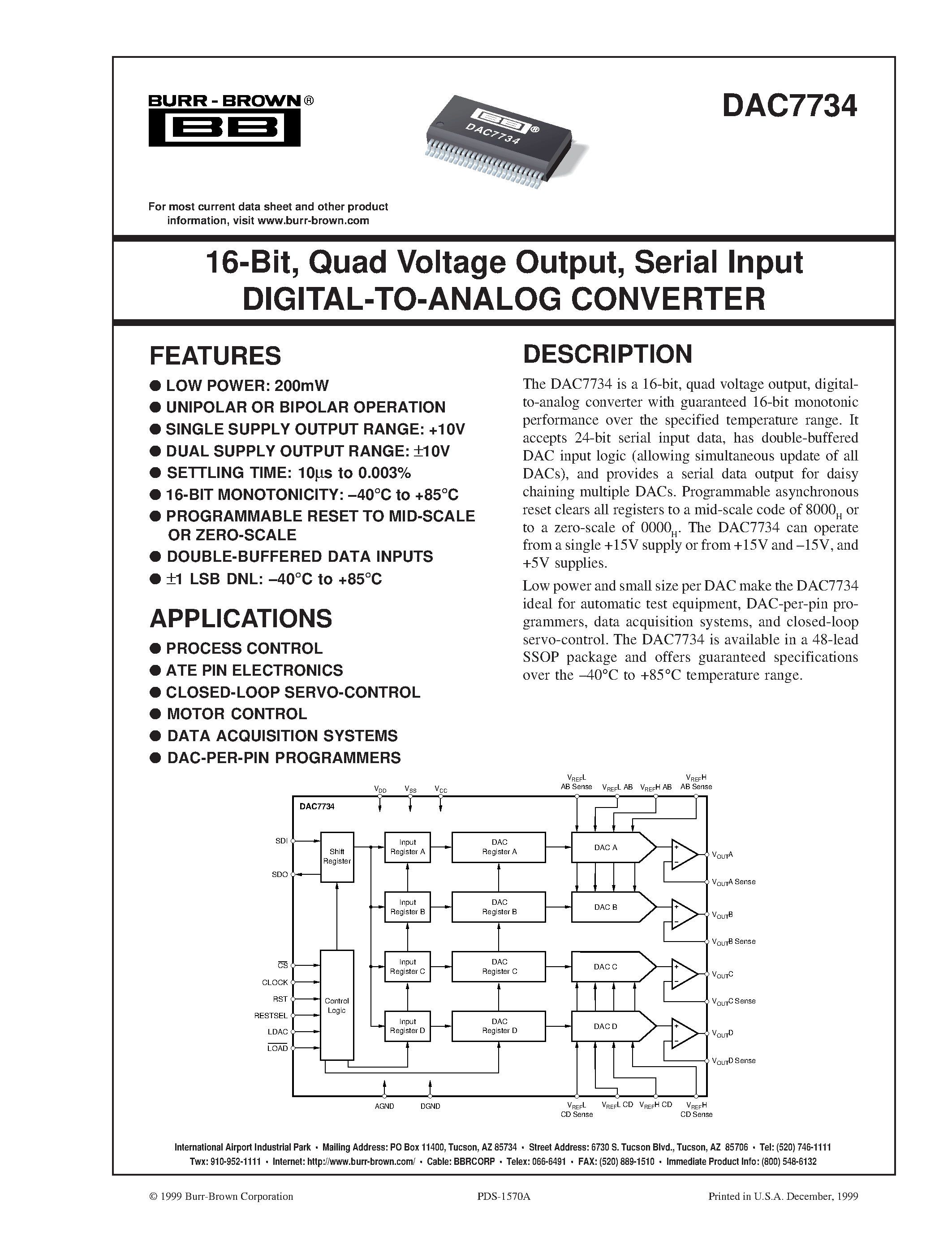 Datasheet DAC7734EC page 1 Datasheet DAC7734EC - 16-Bit/ Quad Voltage Output/ Serial Input DIGITAL-TO-ANALOG CONVERTER page 1