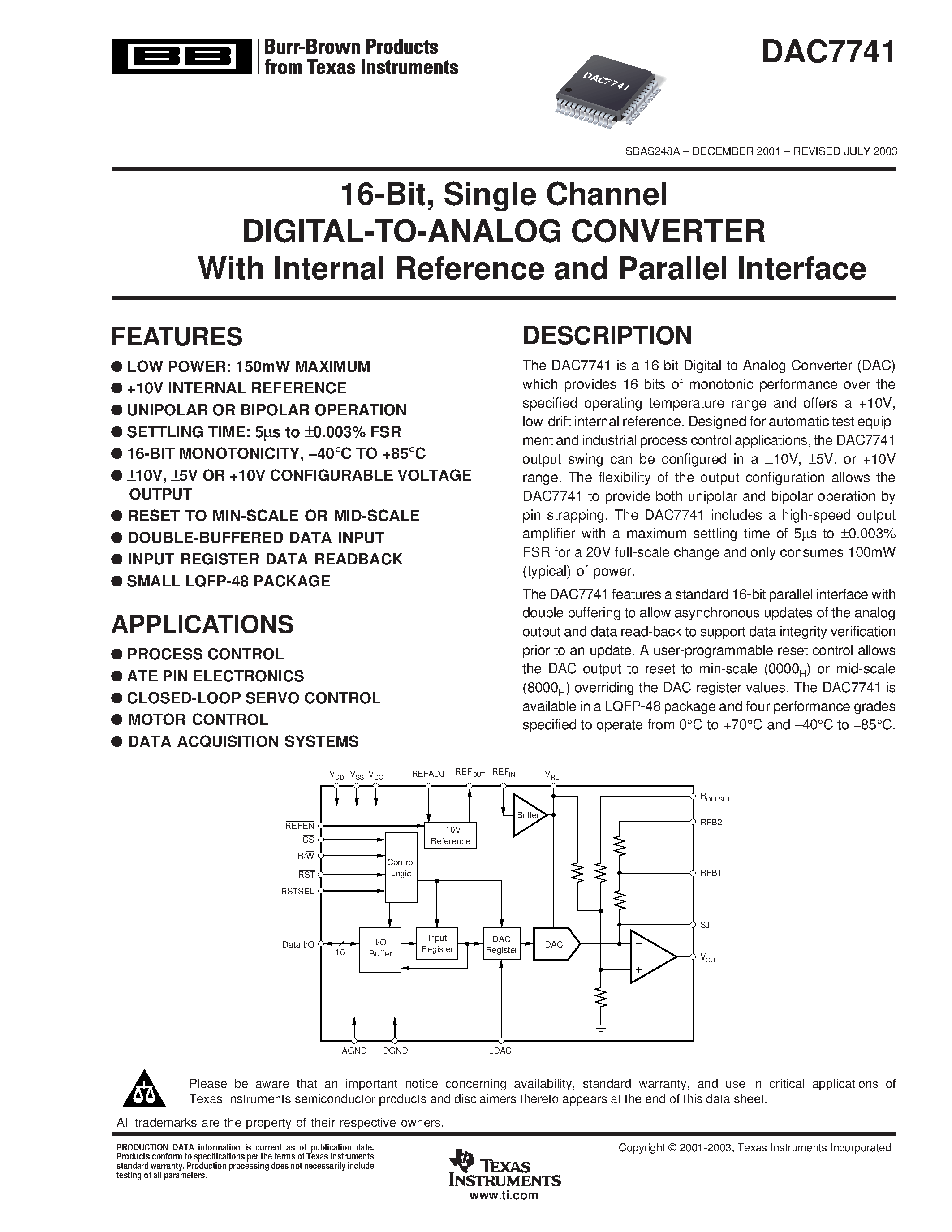 Datasheet DAC7741YC - 16-Bit/ Single Channel DIGITAL-TO-ANALOG CONVERTER With Internal Reference and Parallel Interface page 1