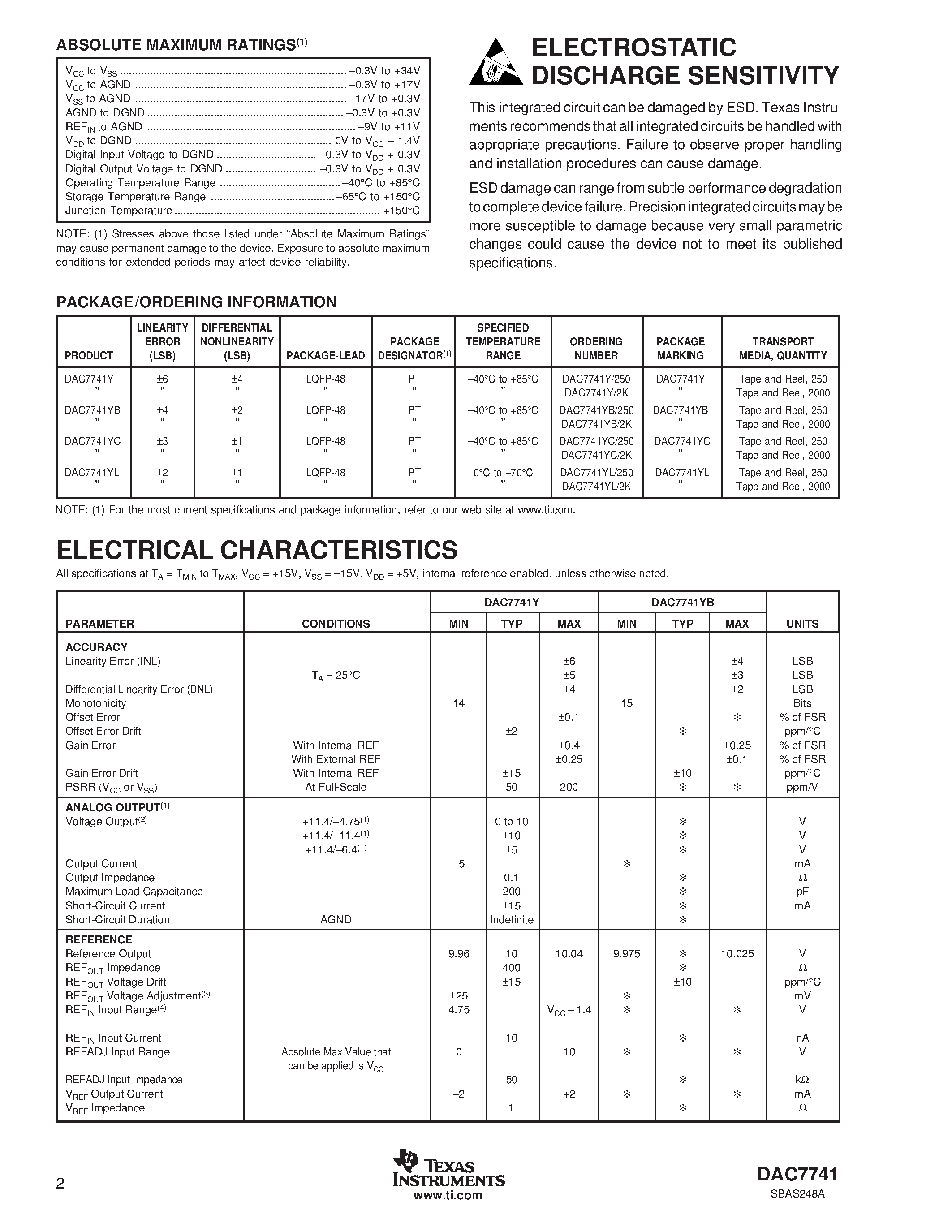 Datasheet DAC7741YC - 16-Bit/ Single Channel DIGITAL-TO-ANALOG CONVERTER With Internal Reference and Parallel Interface page 2