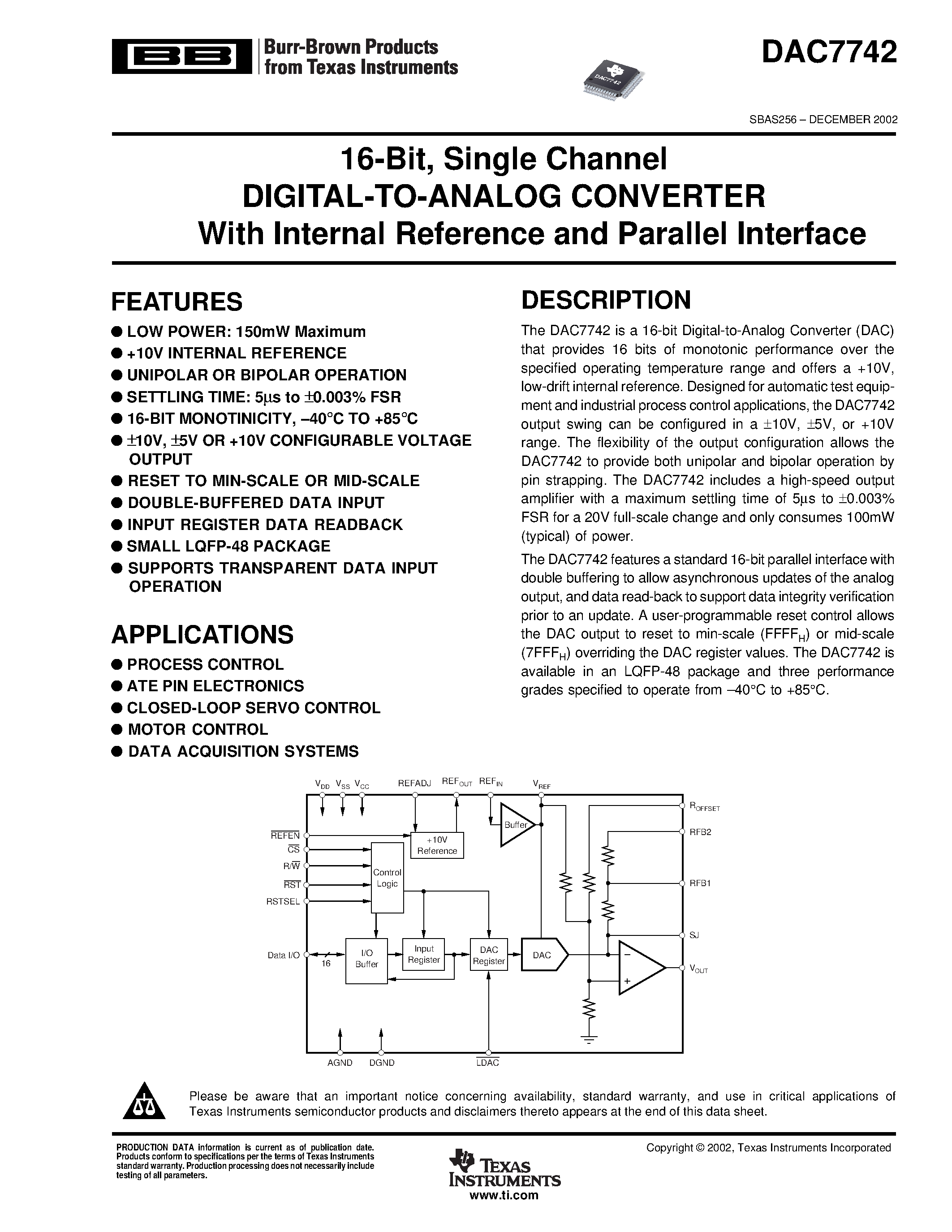 Datasheet DAC7742YB/250 - 16-Bit/ Single Channel DIGITAL-TO-ANALOG CONVERTER With Internal Reference and Parallel Interface page 1