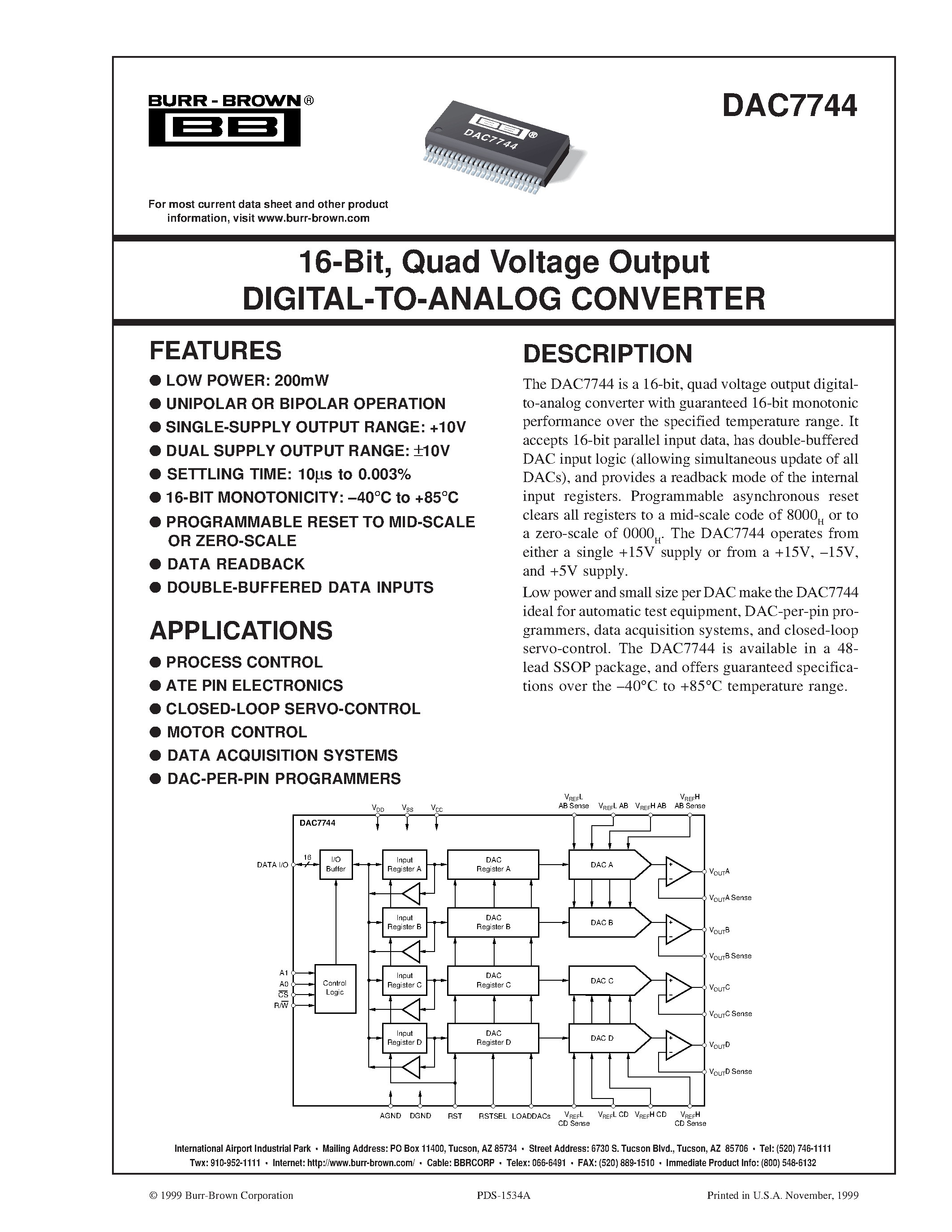 Datasheet DAC7744E - 16-Bit/ Quad Voltage Output DIGITAL-TO-ANALOG CONVERTER page 1