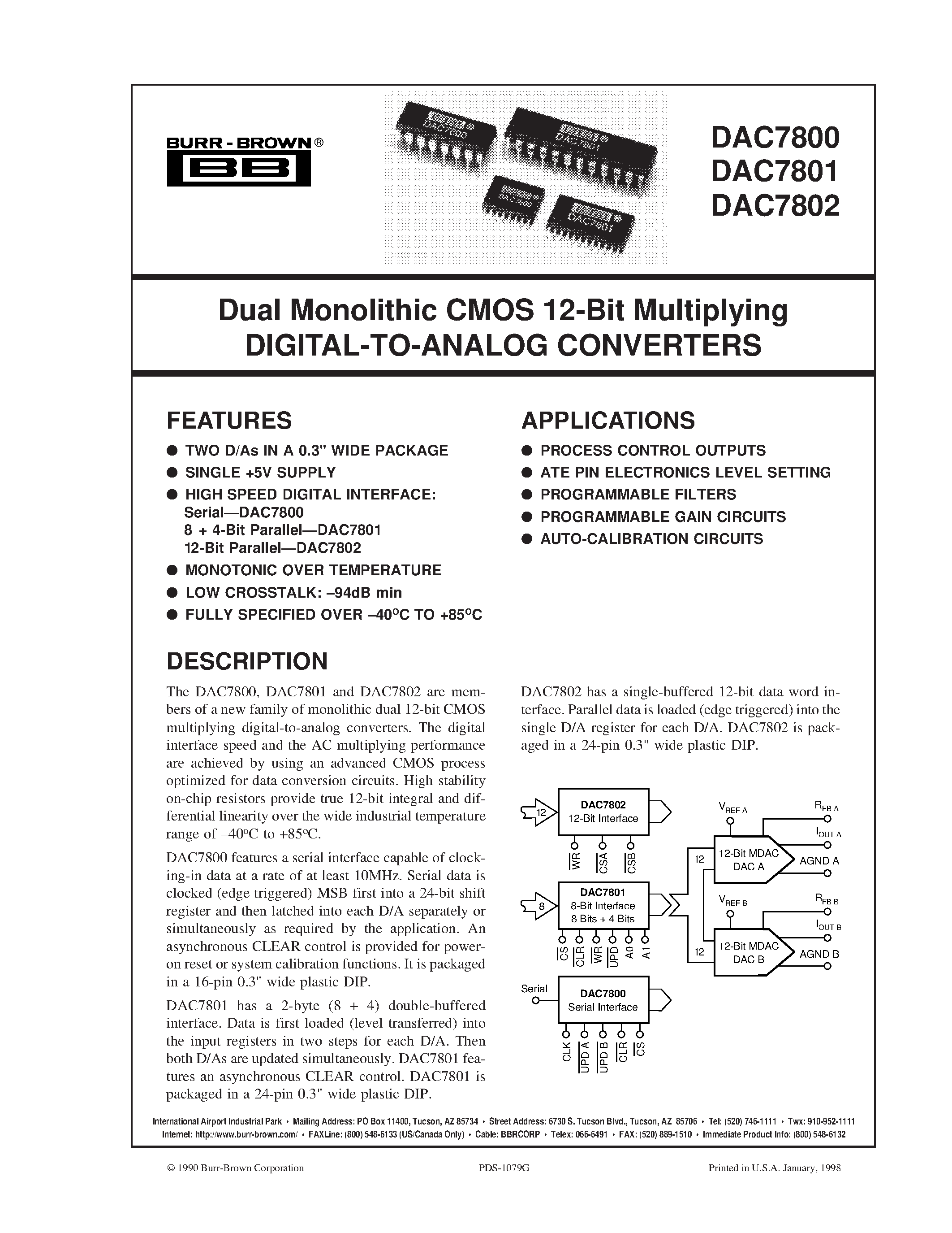 Datasheet DAC7802K - Dual Monolithic CMOS 12-Bit Multiplying DIGITAL-TO-ANALOG CONVERTERS page 1