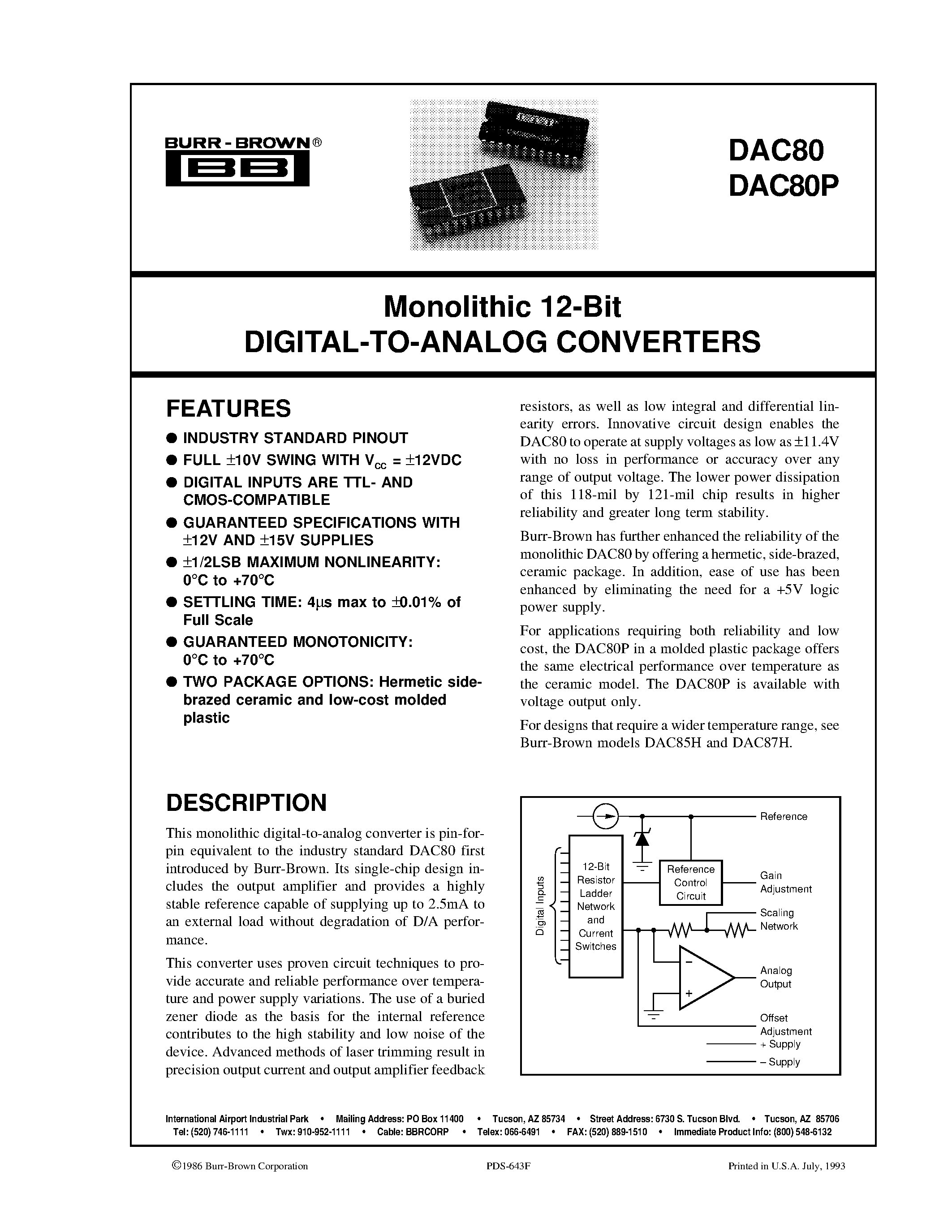 Datasheet DAC80 page 1 Datasheet DAC80 - Monolithic 12-Bit DIGITAL-TO-ANALOG CONVERTERS page 1