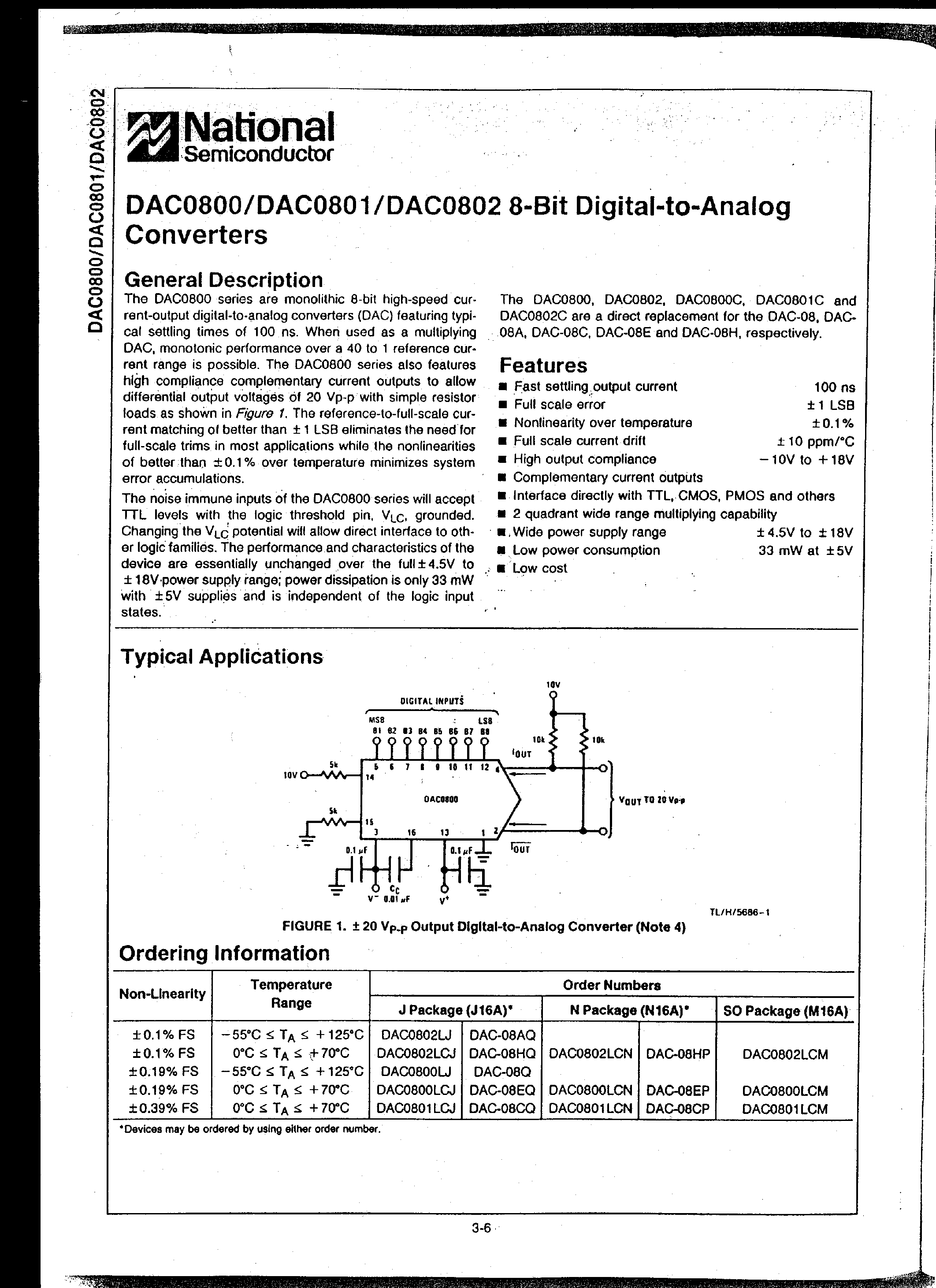 Datasheet DAC802 page 1 Datasheet DAC802 - 8 BIT DIGITAL TO ANALOG CONVERTERS page 1
