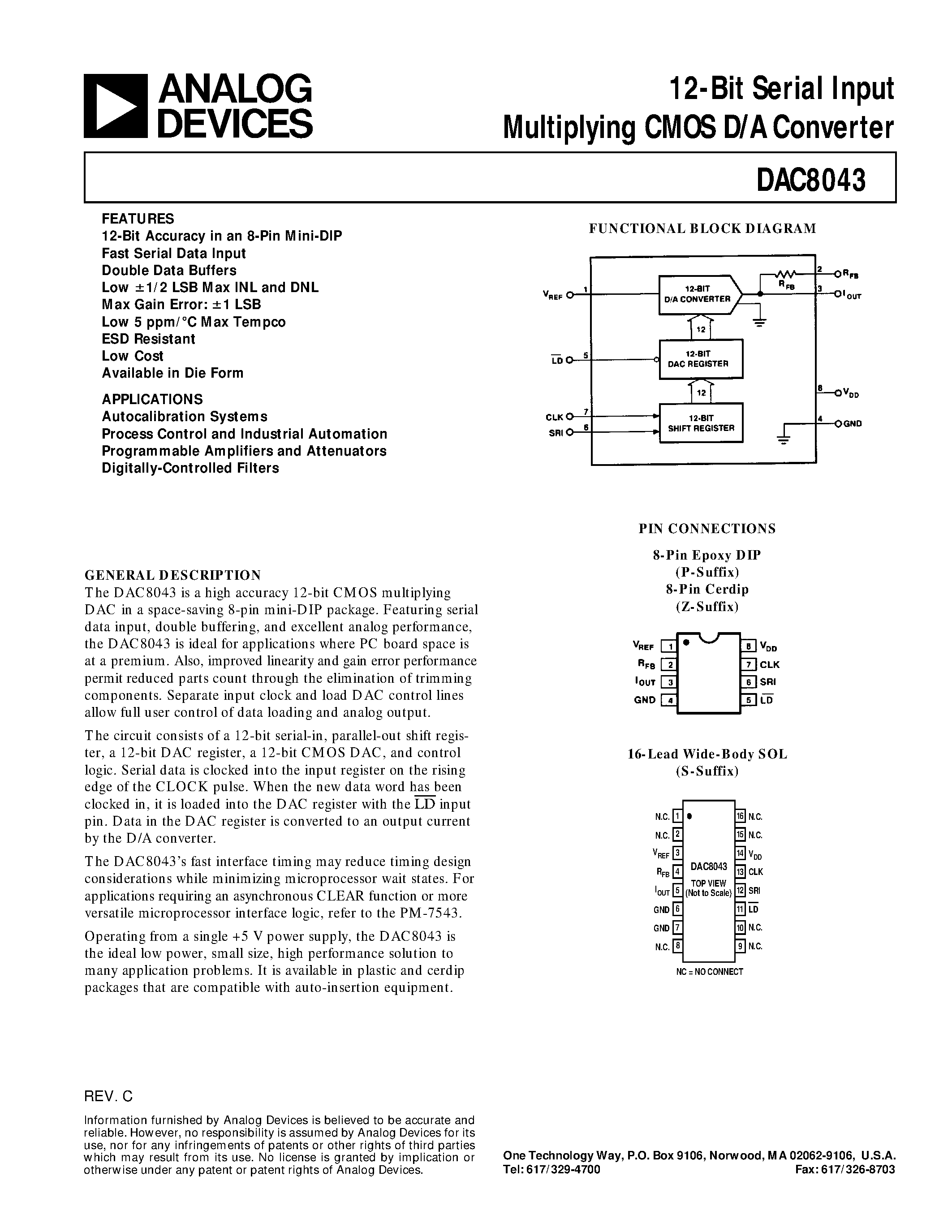 Datasheet DAC8043EZ - 12-Bit Serial Input Multiplying CMOS D/A Converter page 1