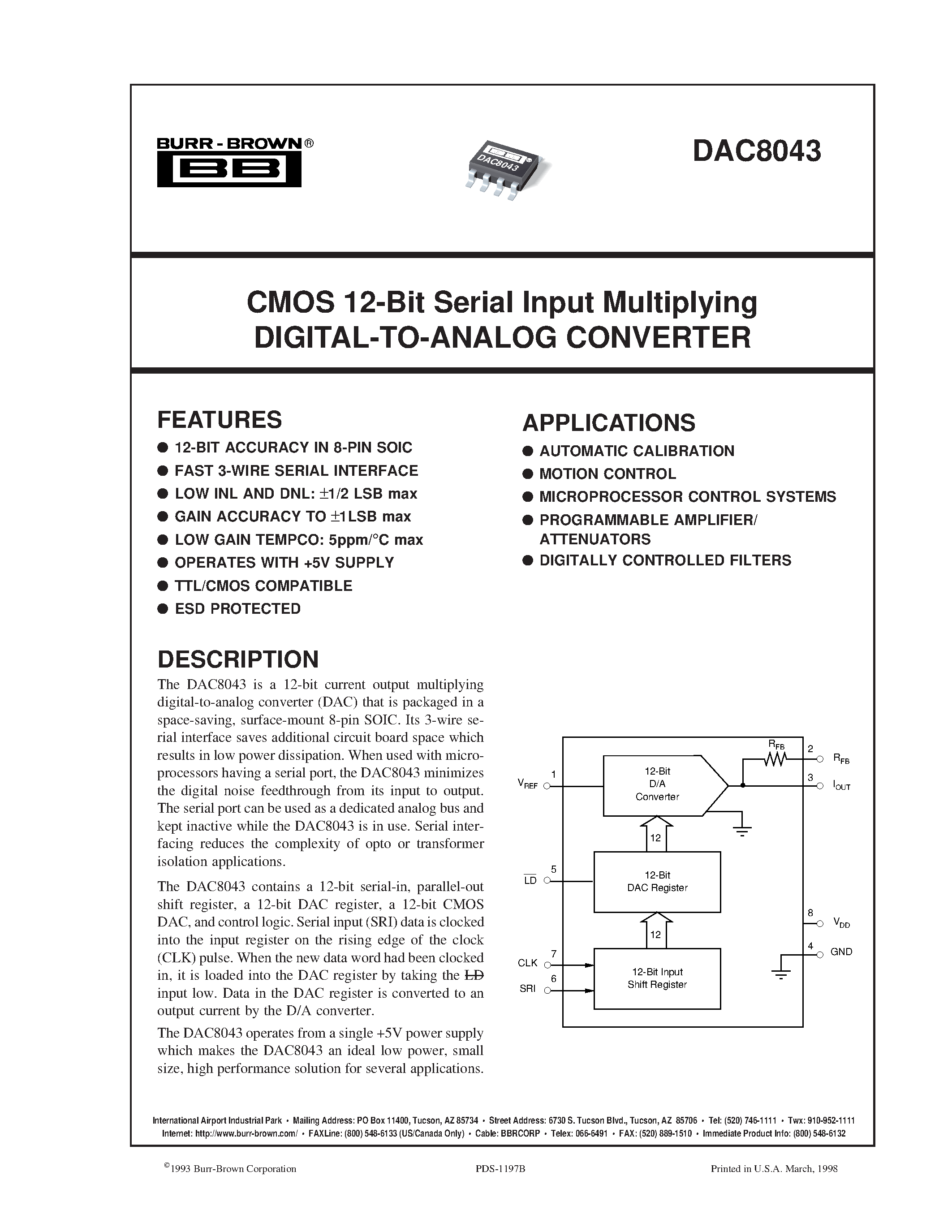 Datasheet DAC8043UC - CMOS 12-Bit Serial Input Multiplying DIGITAL-TO-ANALOG CONVERTER page 1
