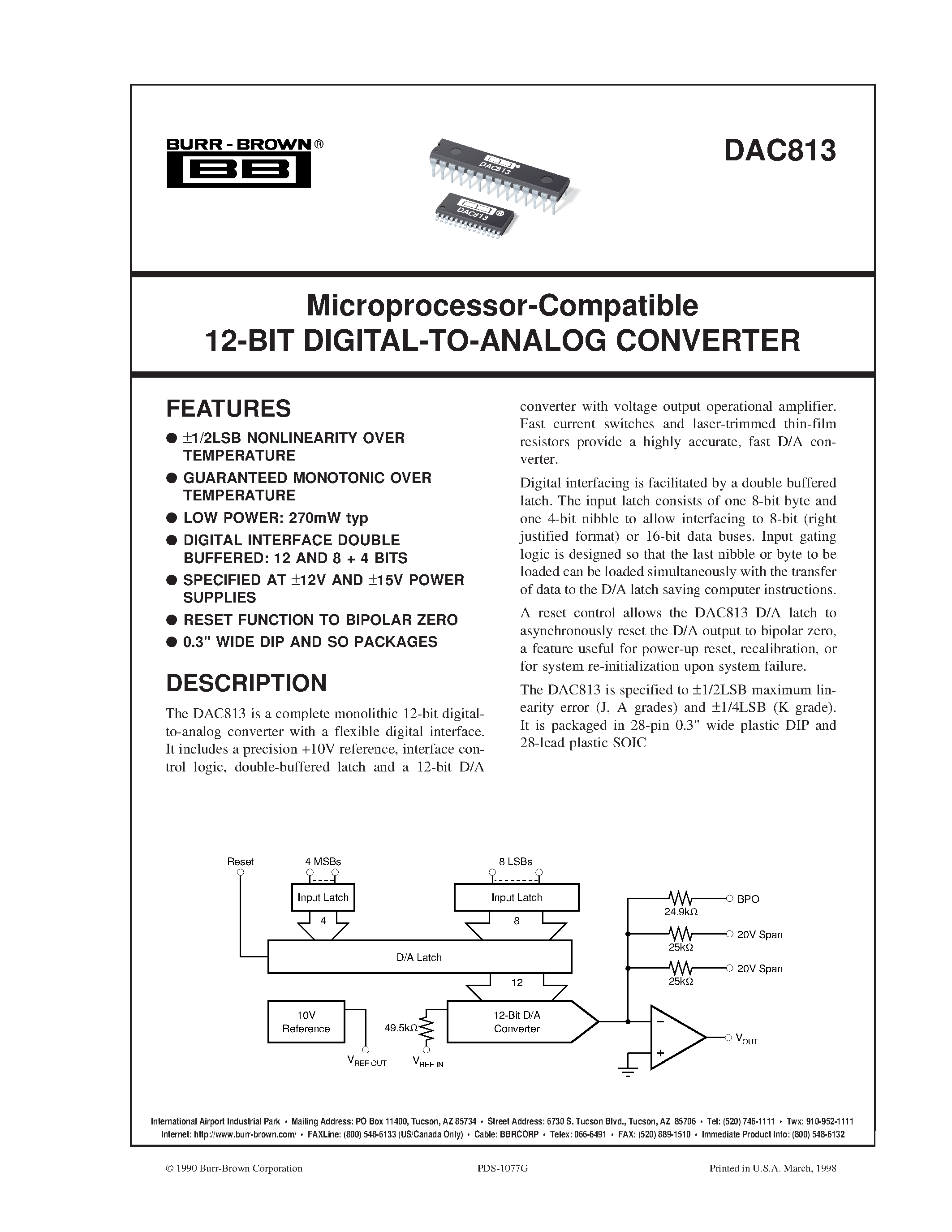 Datasheet DAC813AU page 1 Datasheet DAC813AU - Microprocessor-Compatible 12-BIT DIGITAL-TO-ANALOG CONVERTER page 1
