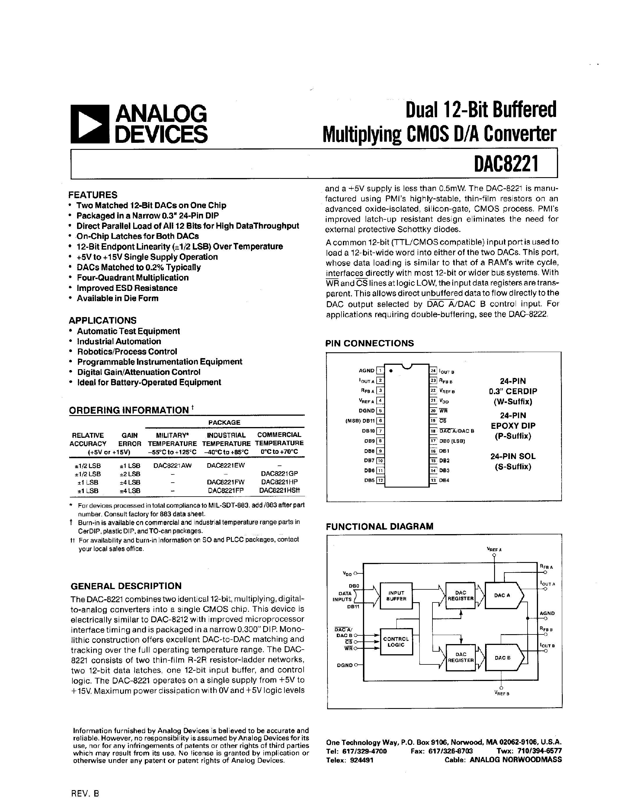 Datasheet DAC8221 - Dual 12-Bit Buffered Multiplying CMOS D/A Converter page 1