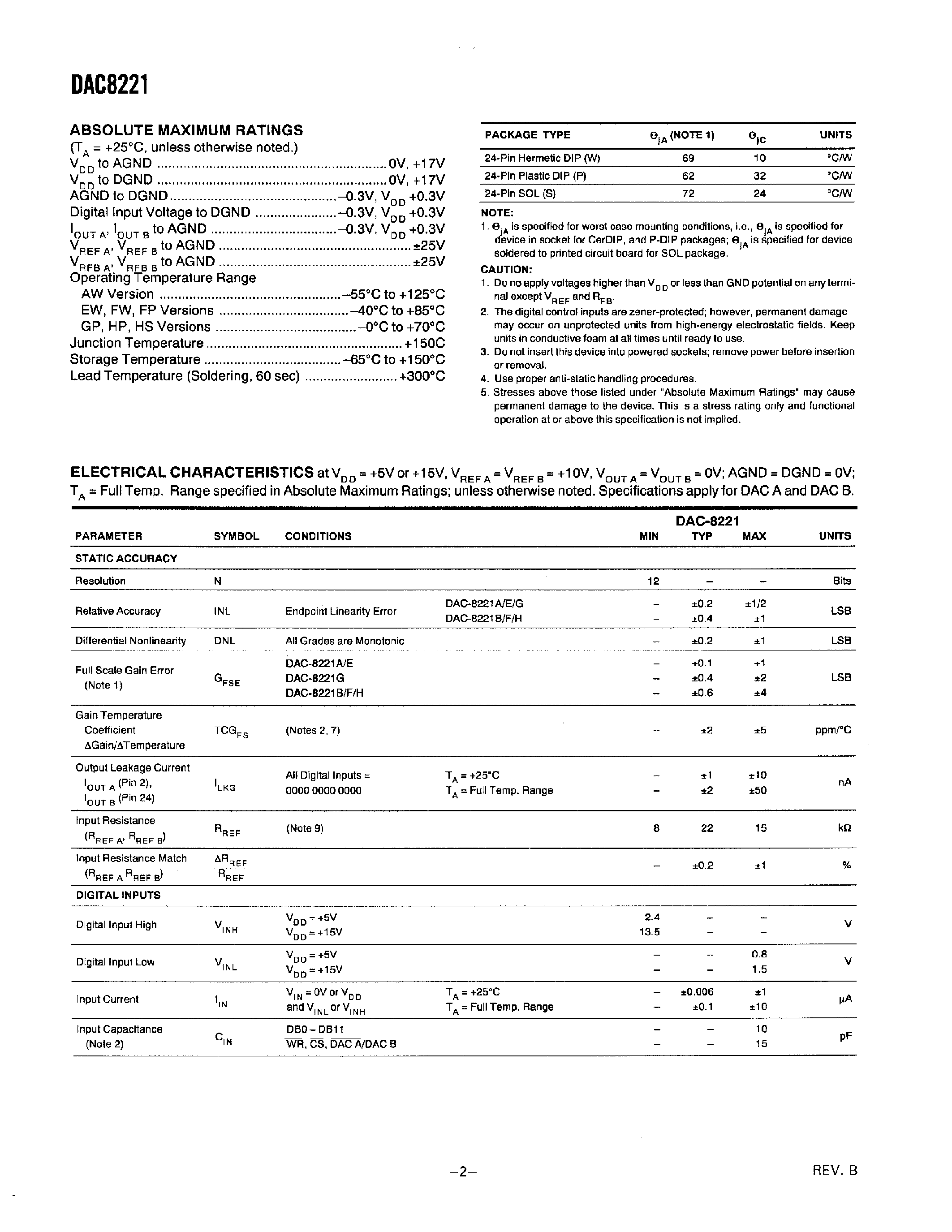 Datasheet DAC8221 - Dual 12-Bit Buffered Multiplying CMOS D/A Converter page 2