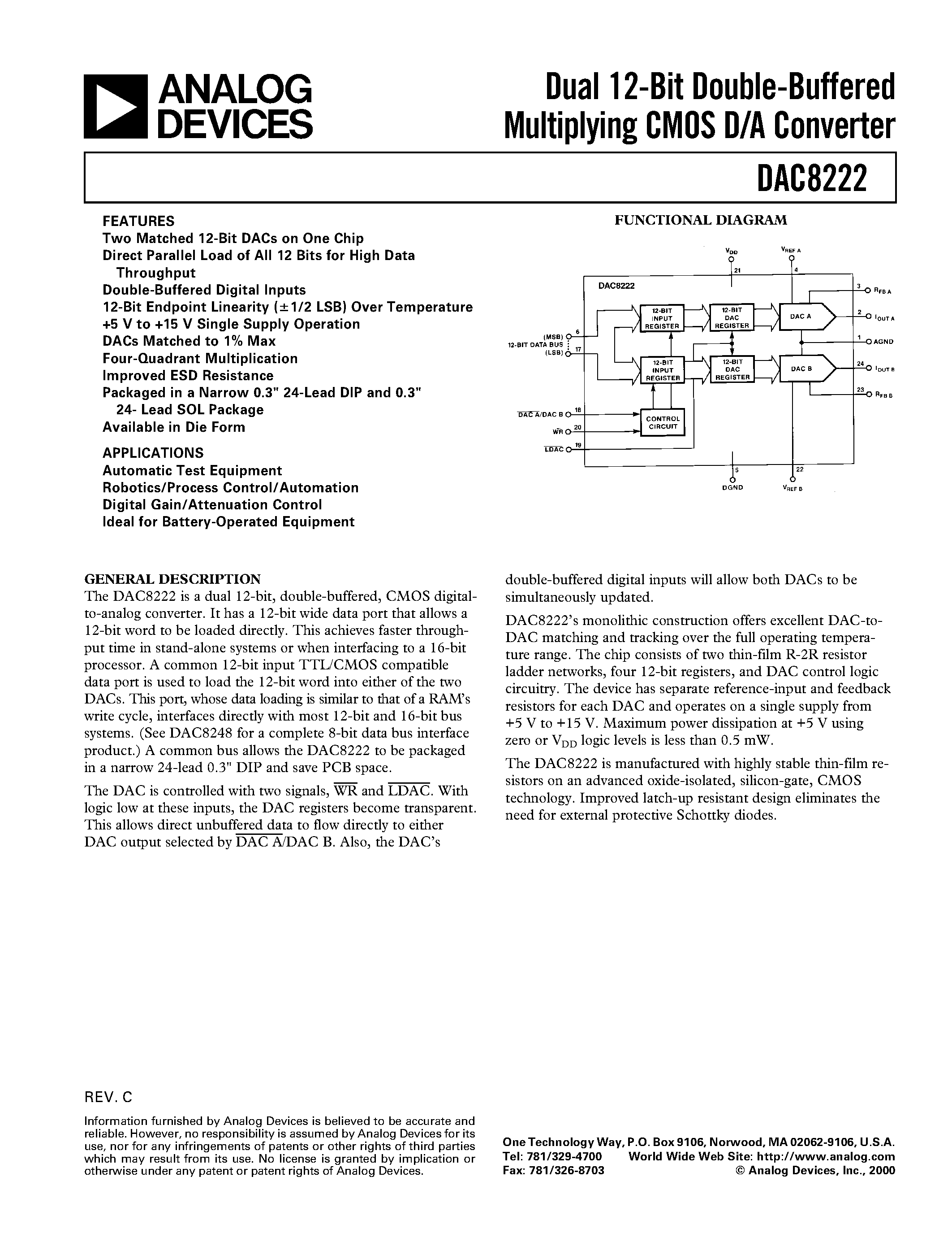 Datasheet DAC8222 - Dual 12-Bit Double-Buffered Multiplying CMOS D/A Converter page 1