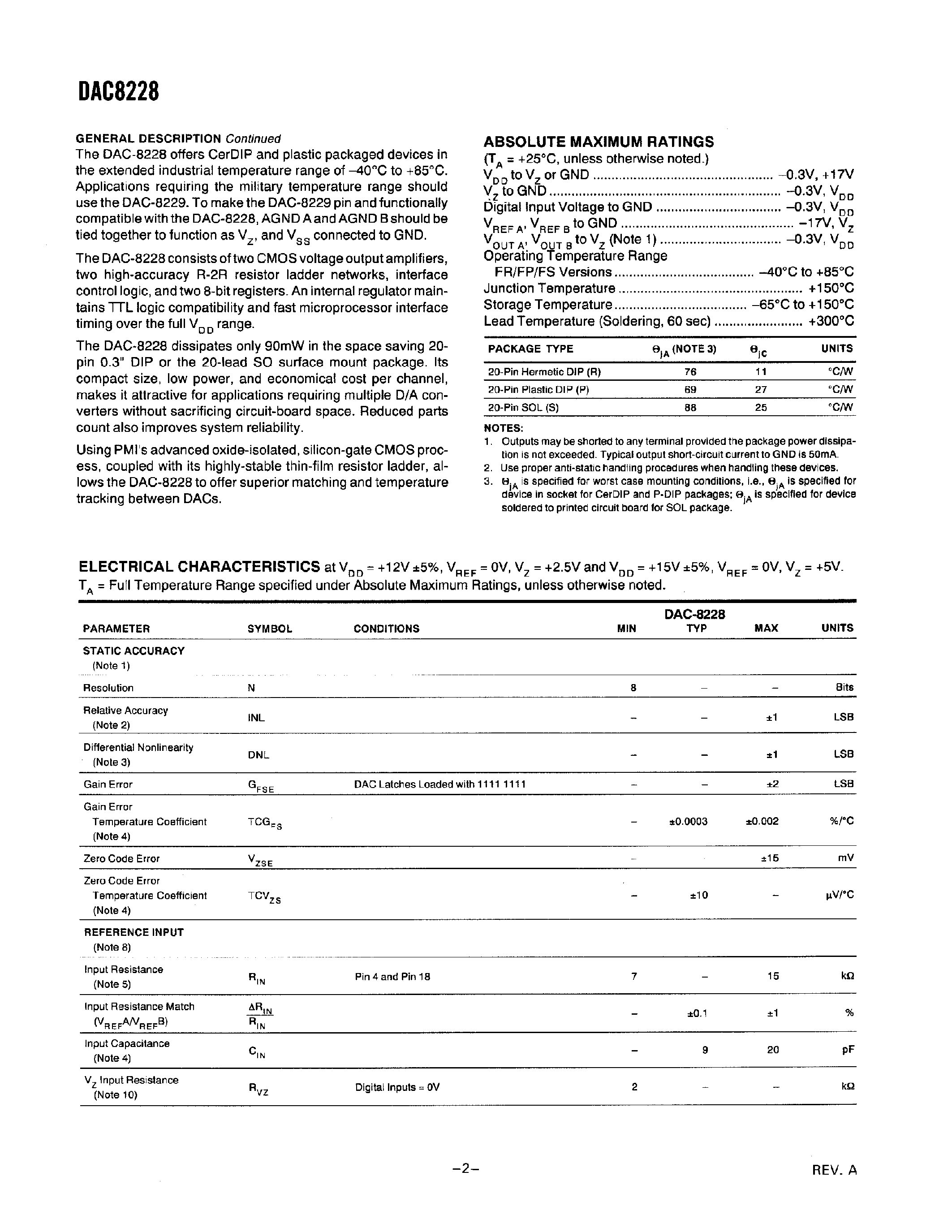 Datasheet DAC8228 - Dual 8-Bit CMOS D/A Converter with Voltage Output page 2