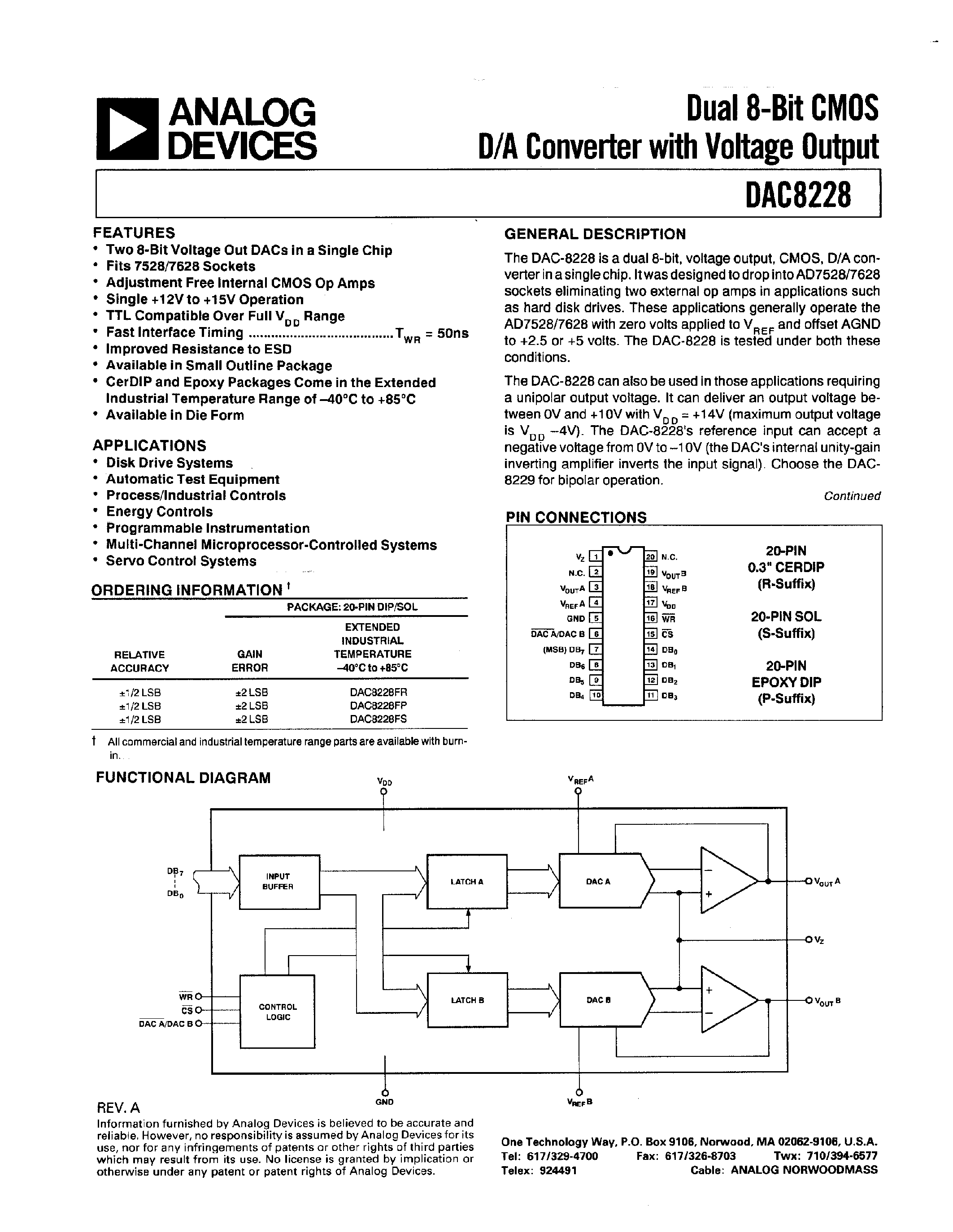 Datasheet DAC8228FS - Dual 8-Bit CMOS D/A Converter with Voltage Output page 1