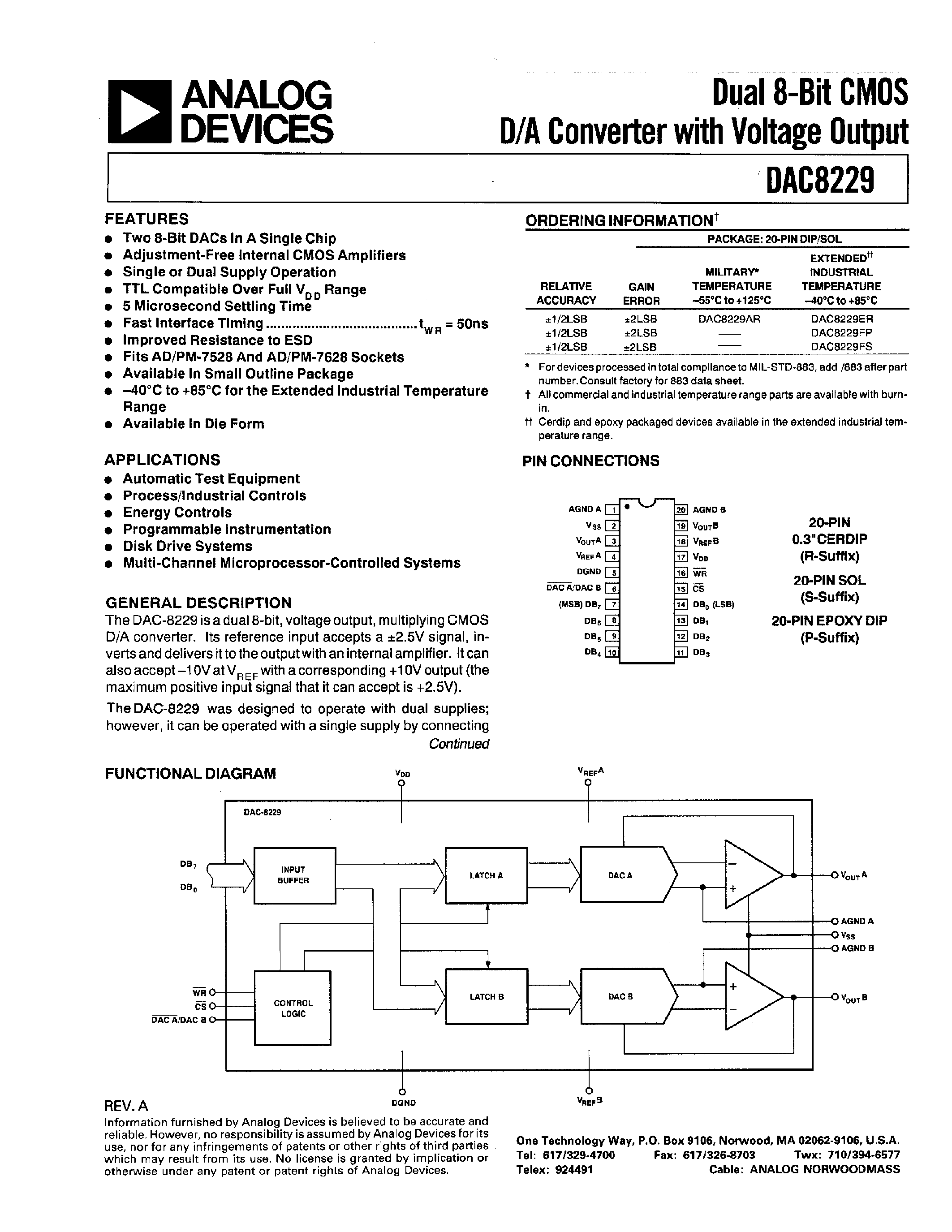 Datasheet DAC8229FP - Dual 8-Bit CMOS D/A Converter with Voltage Output page 1