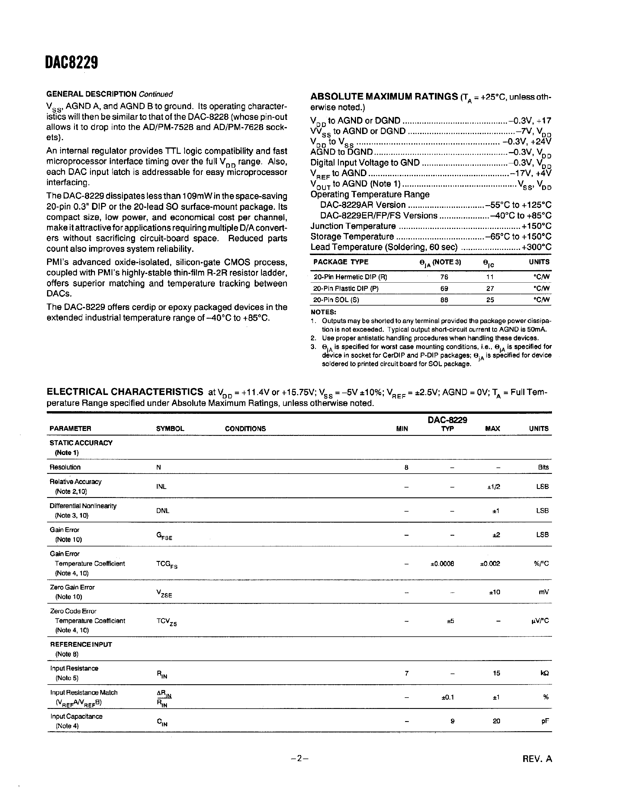 Datasheet DAC8229FP - Dual 8-Bit CMOS D/A Converter with Voltage Output page 2