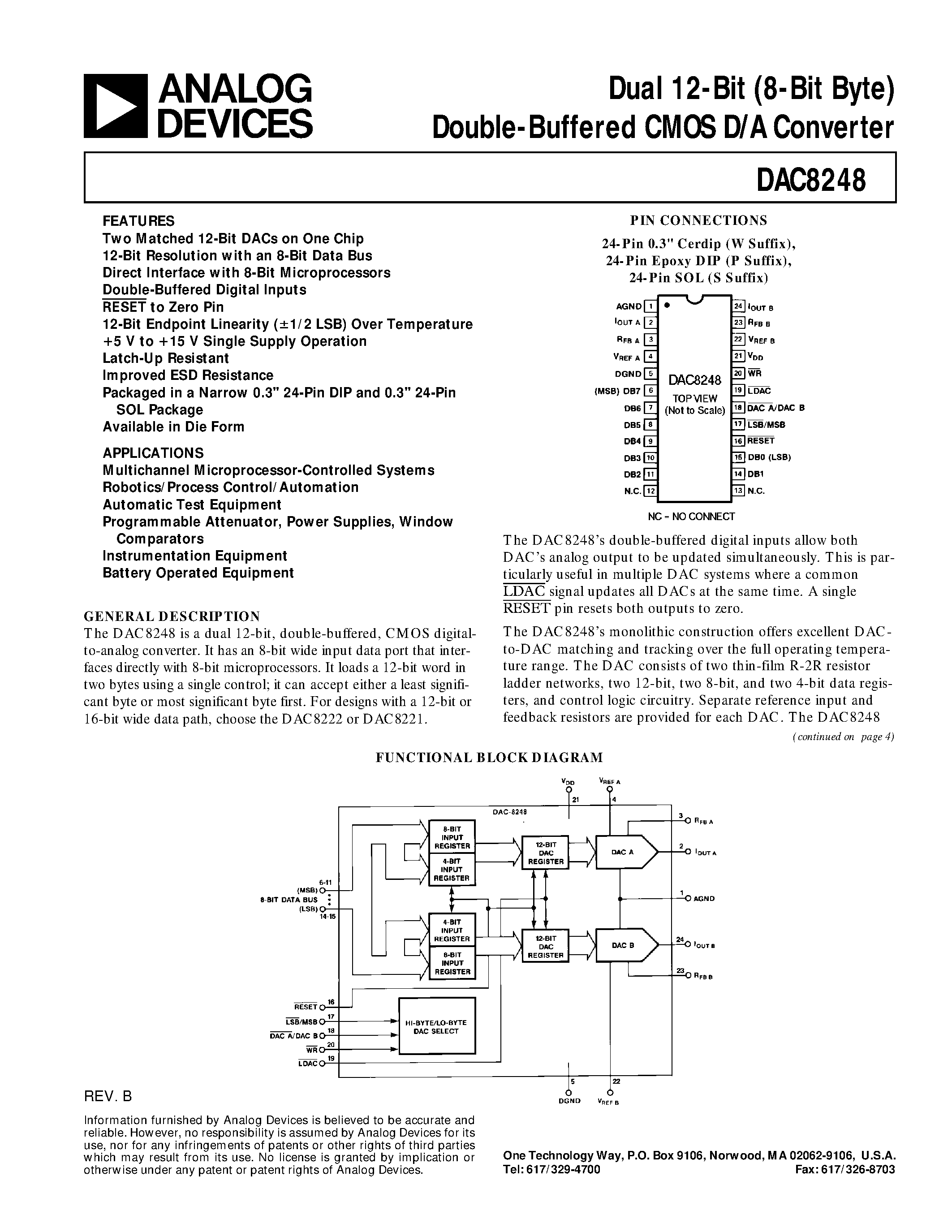 Datasheet DAC8248GP - Dual 12-Bit 8-Bit Byte Double-Buffered CMOS D/A Converter page 1