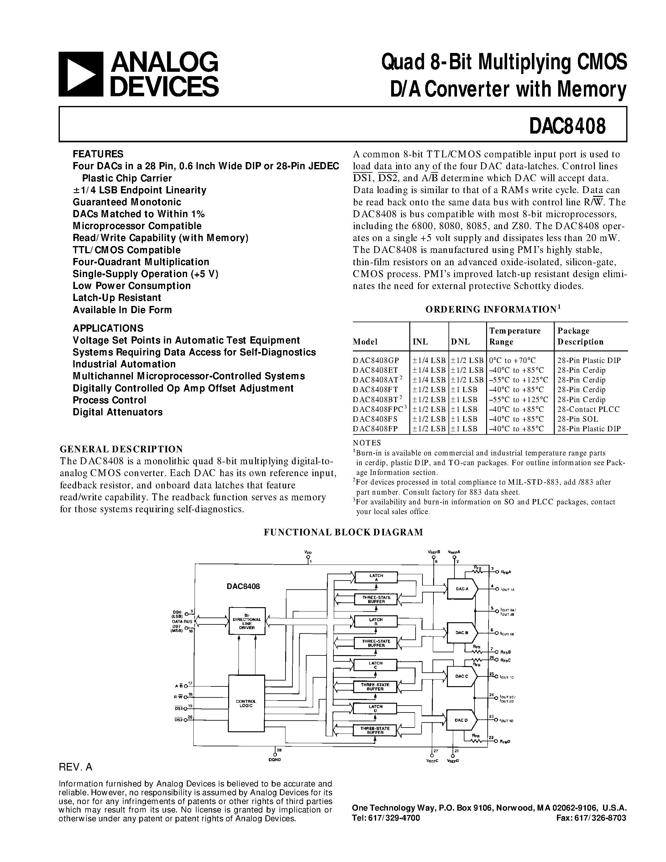 Datasheet DAC8408ET - Quad 8-Bit Multiplying CMOS D/A Converter with Memory page 1