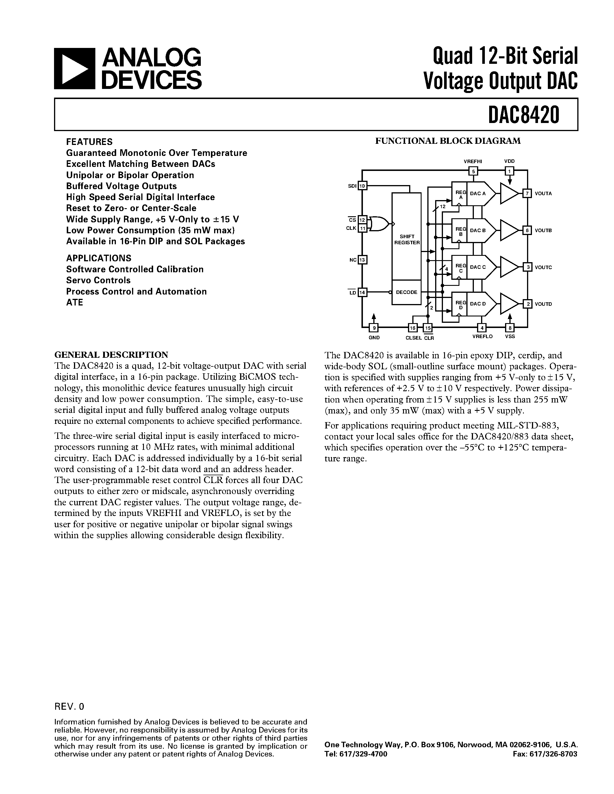Datasheet DAC8420ES page 1 Datasheet DAC8420ES - Quad 12-Bit Serial Voltage Output DAC page 1