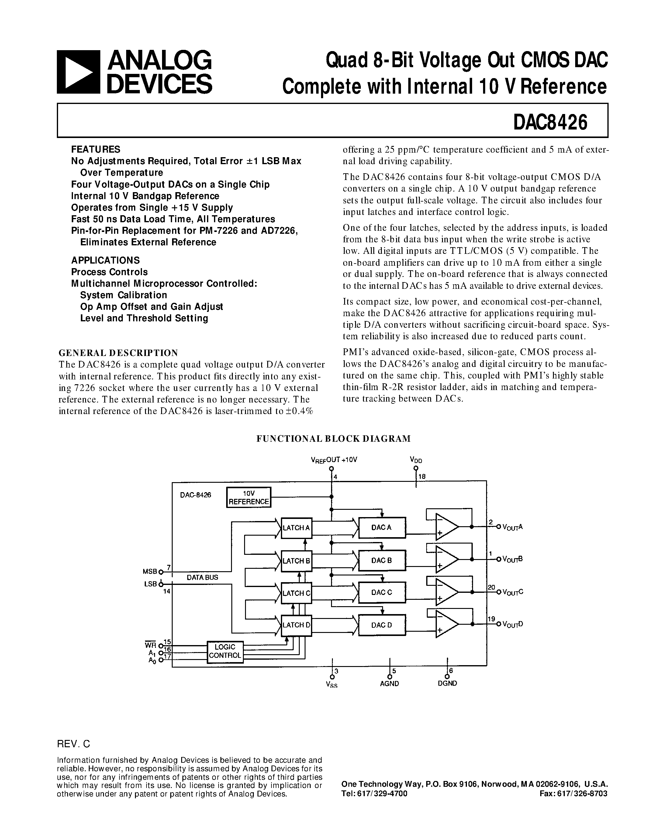 Даташит DAC8426AR - Quad 8-Bit Voltage Out CMOS DAC Complete with Internal 10 V Reference страница 1