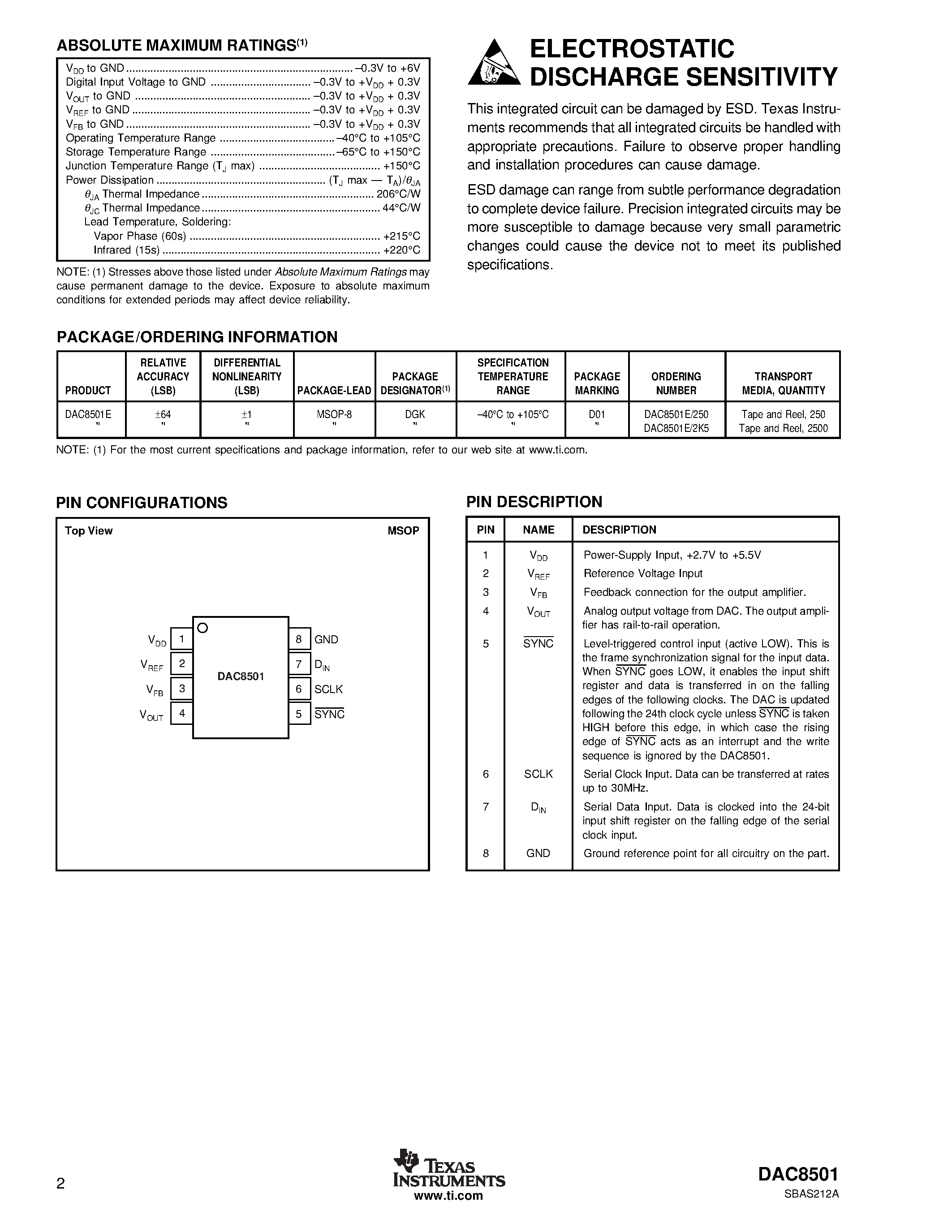 Datasheet DAC8501E2K5 page 2 Datasheet DAC8501E2K5 - Low-Power/ Rail-to-Rail Output/ 16-Bit Serial Input DIGITAL-TO-ANALOG CONVERTER page 2