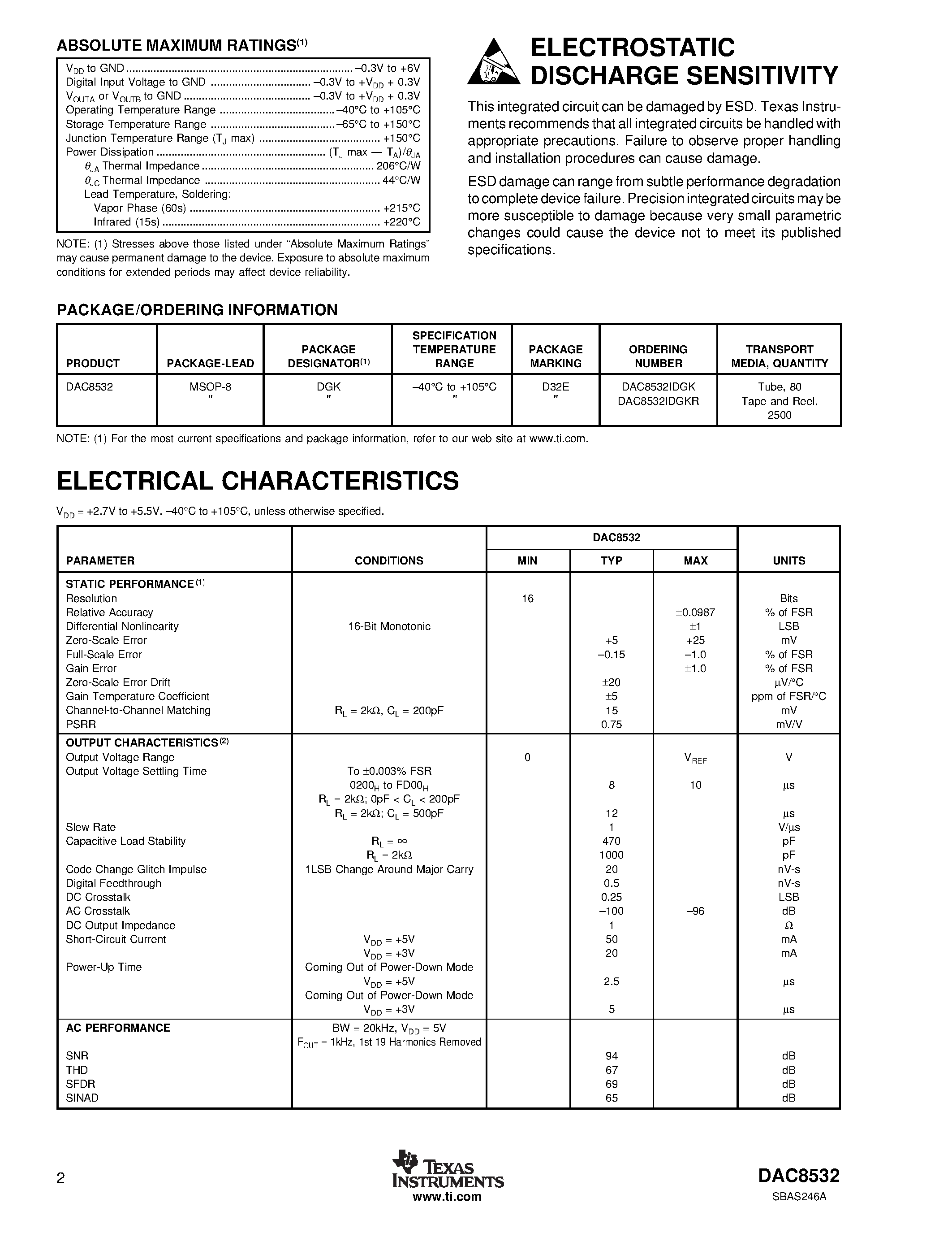 Datasheet DAC8532IDGK - Dual Channel/ Low Power/ 16-Bit/ Serial Input DIGITAL-TO-ANALOG CONVERTER page 2