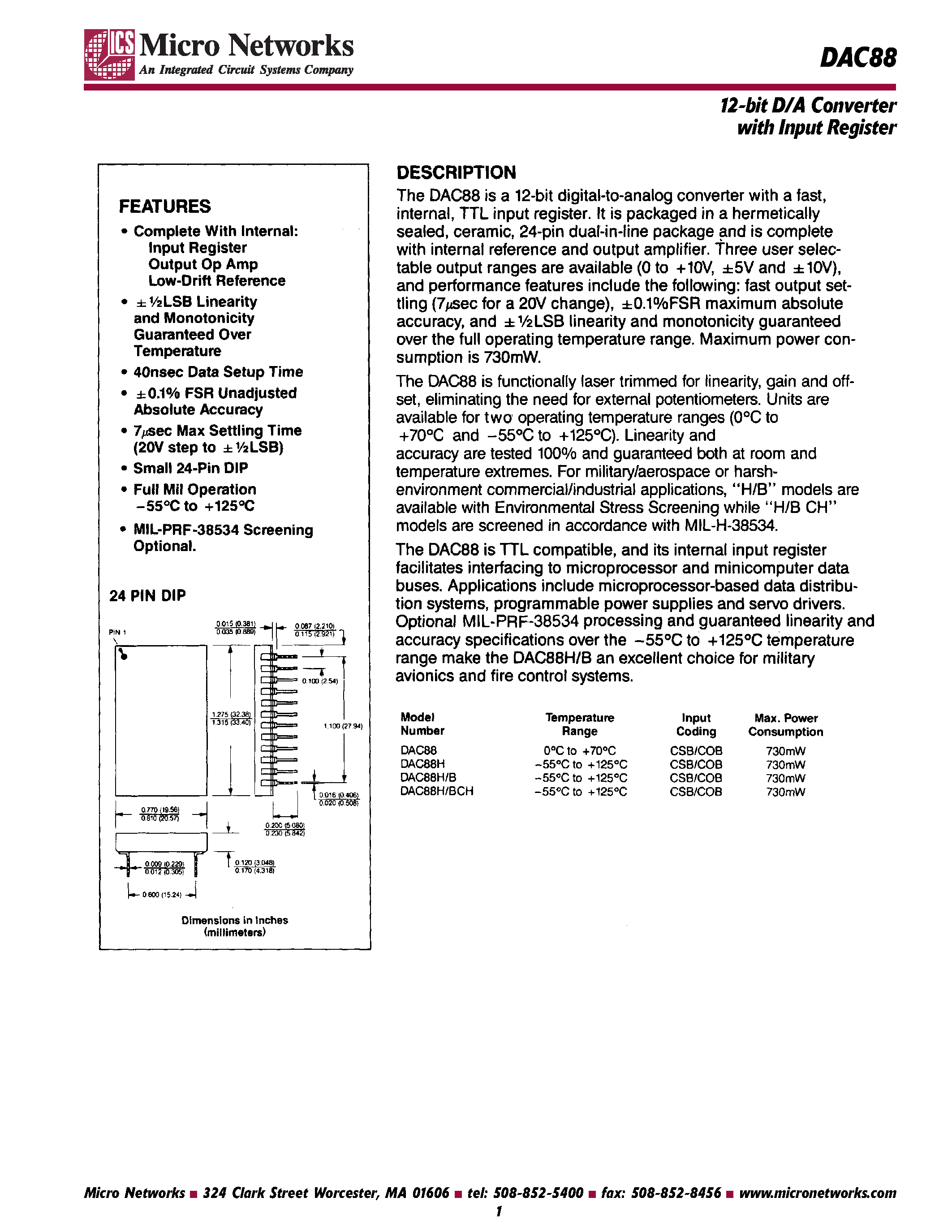 Datasheet DAC88 - 12-bit D/A Converter with Input Register page 1
