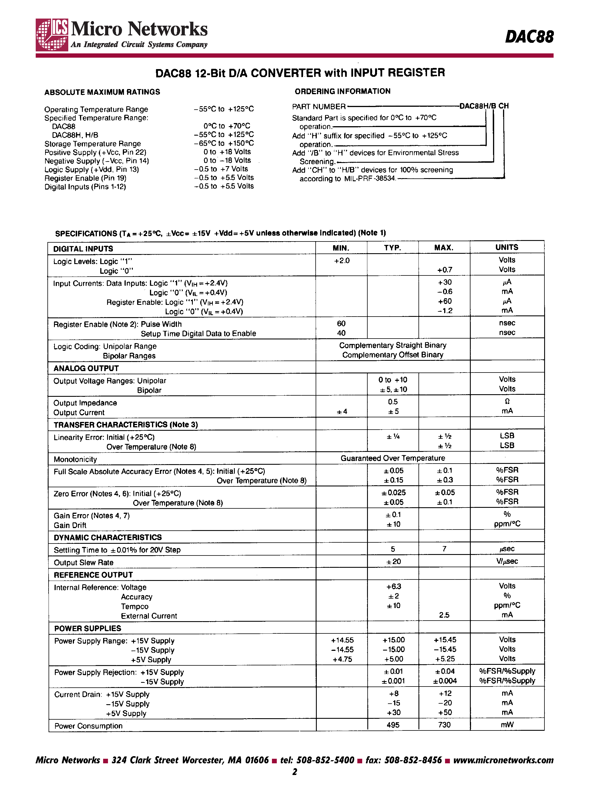 Datasheet DAC88 - 12-bit D/A Converter with Input Register page 2