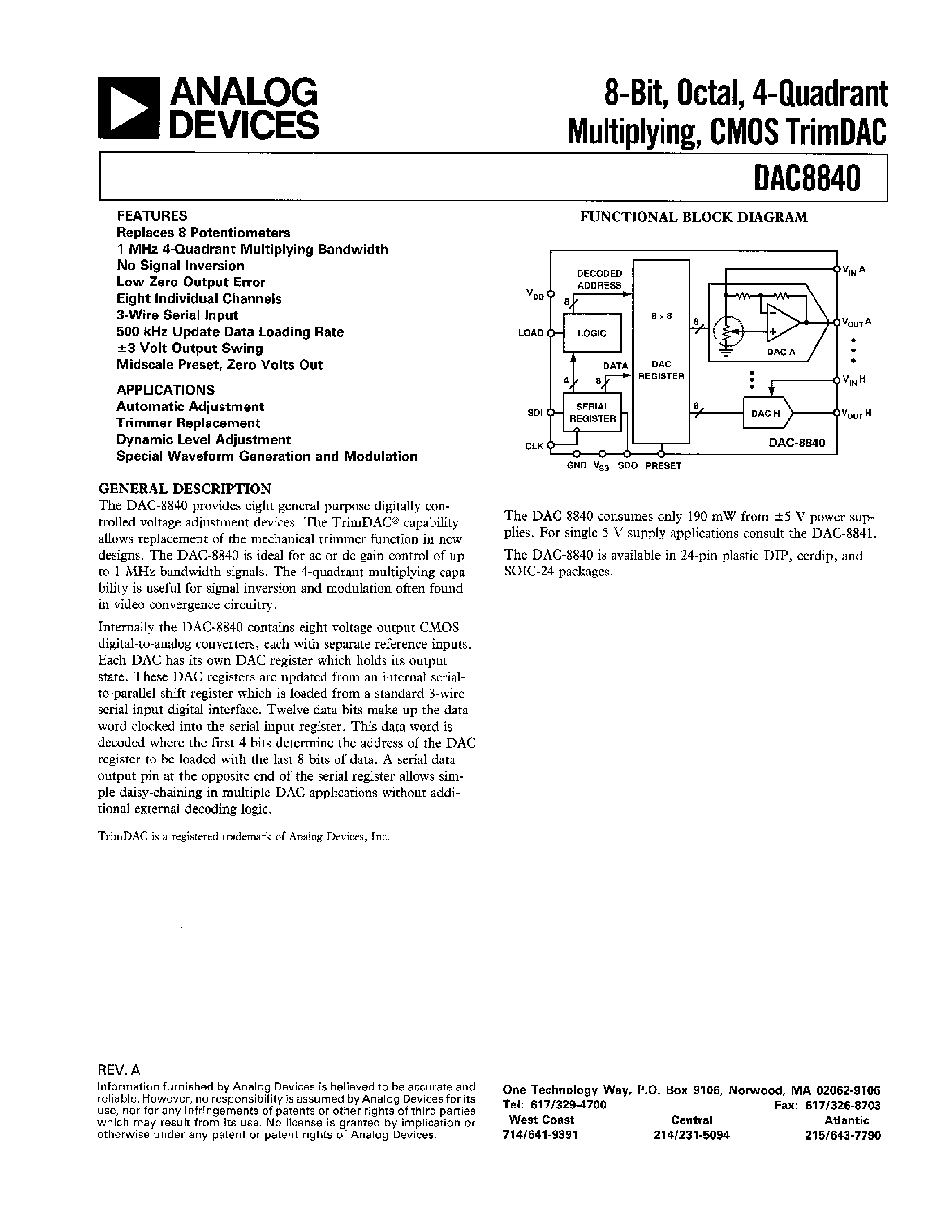 Datasheet DAC8840FP page 1 Datasheet DAC8840FP - 8-Bit Octal/ 4-Quadrant Multiplying/ CMOS TrimDAC page 1