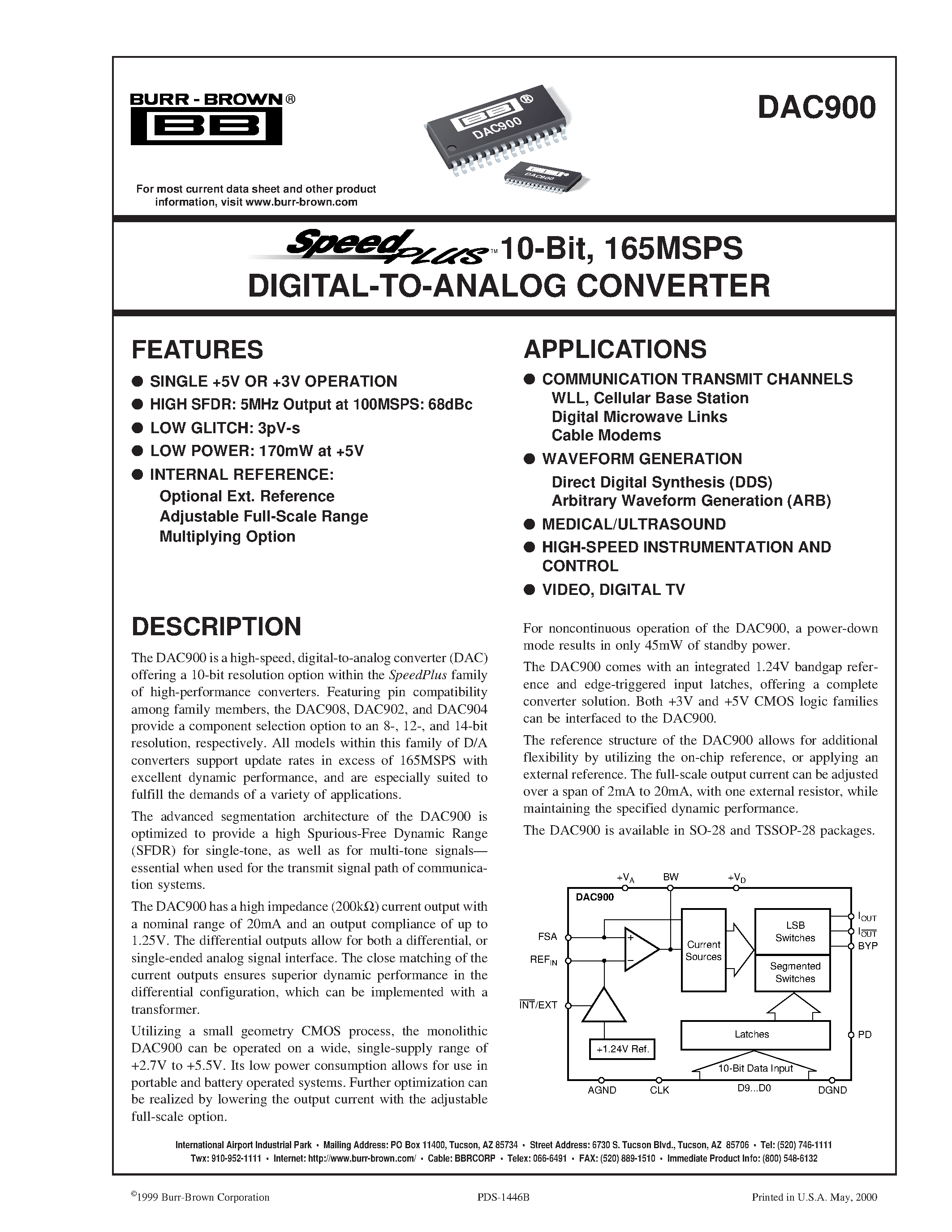 Datasheet DAC900U - 10-Bit/ 165MSPS DIGITAL-TO-ANALOG CONVERTER page 1