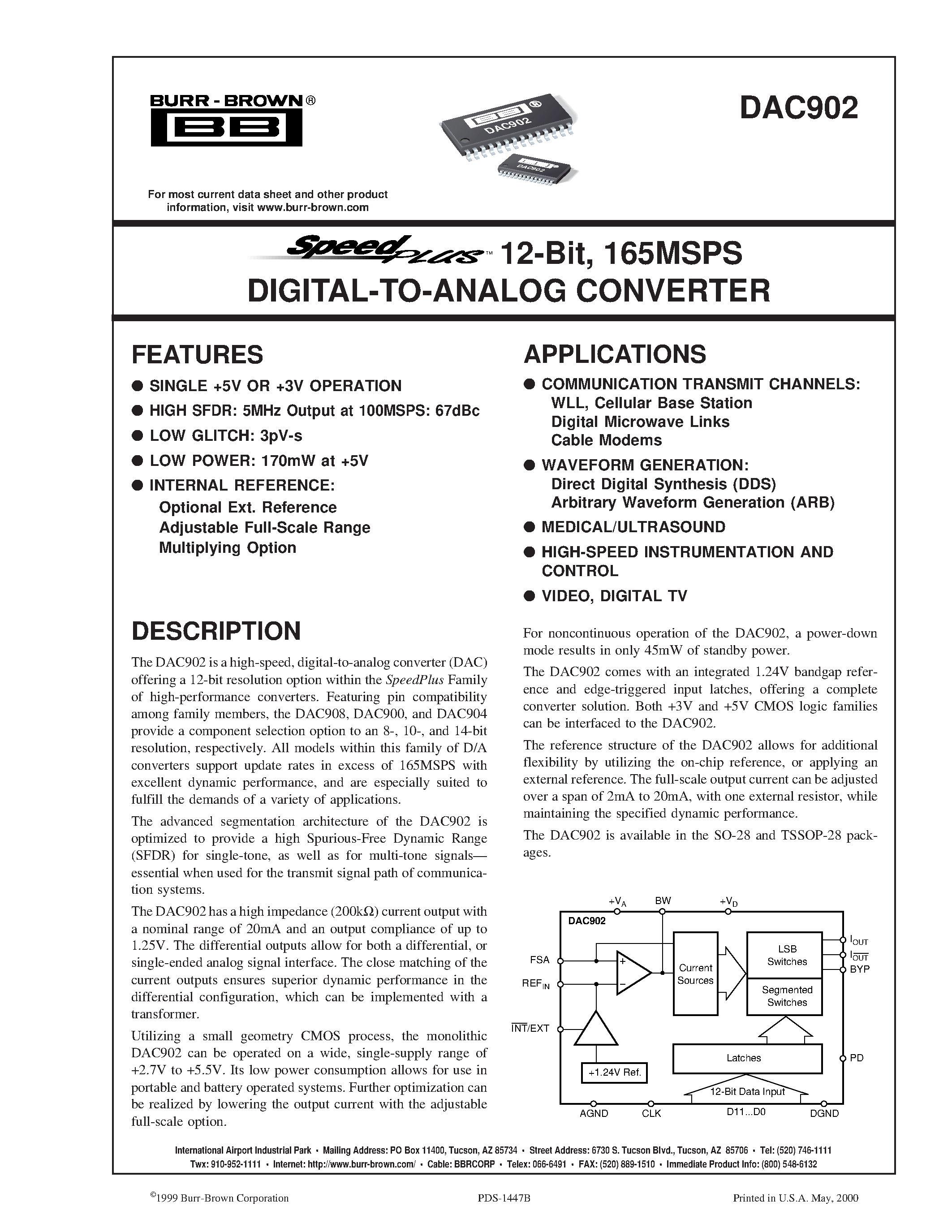 Datasheet DAC902U - 12-Bit/ 165MSPS DIGITAL-TO-ANALOG CONVERTER page 1