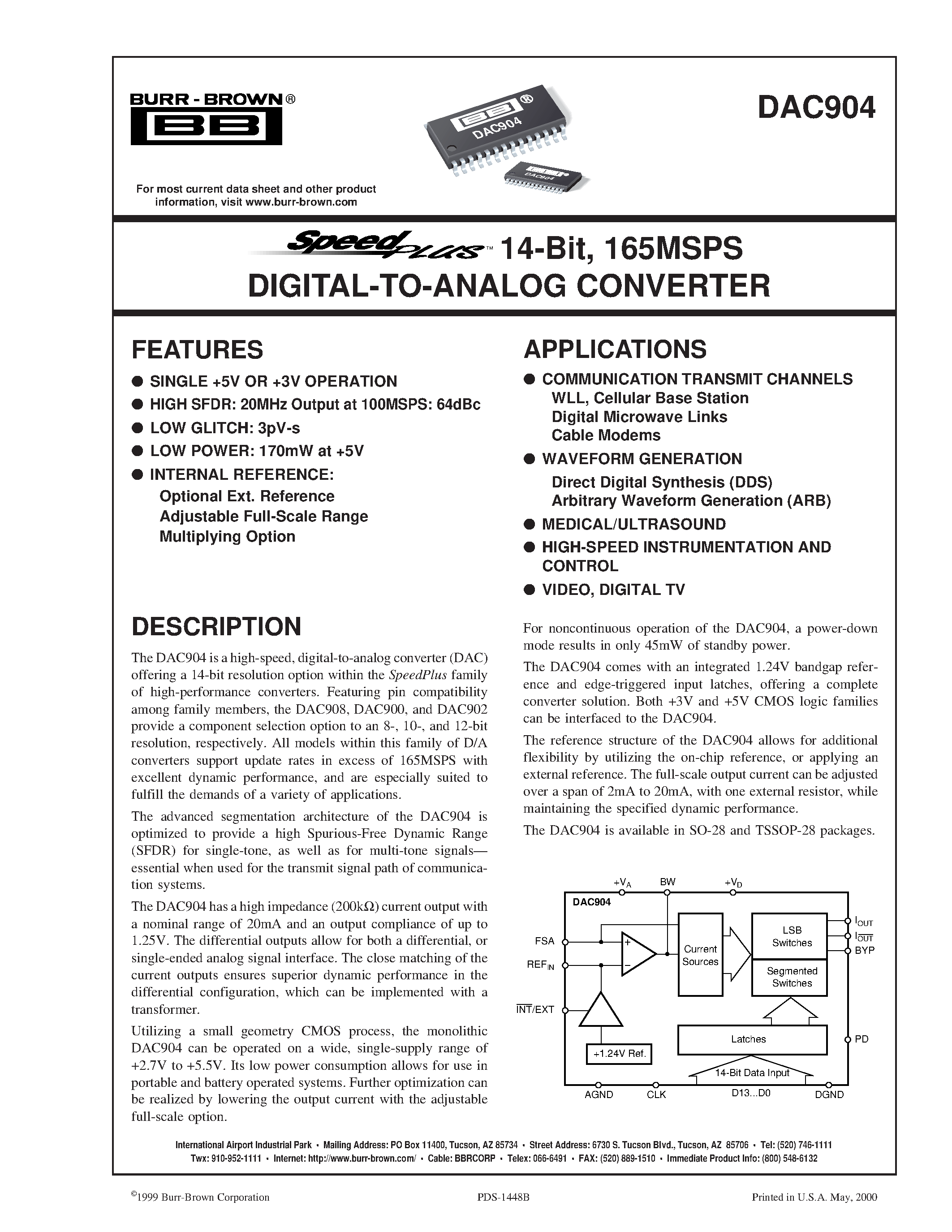 Datasheet DAC904 - 14-Bit/ 165MSPS DIGITAL-TO-ANALOG CONVERTER page 1