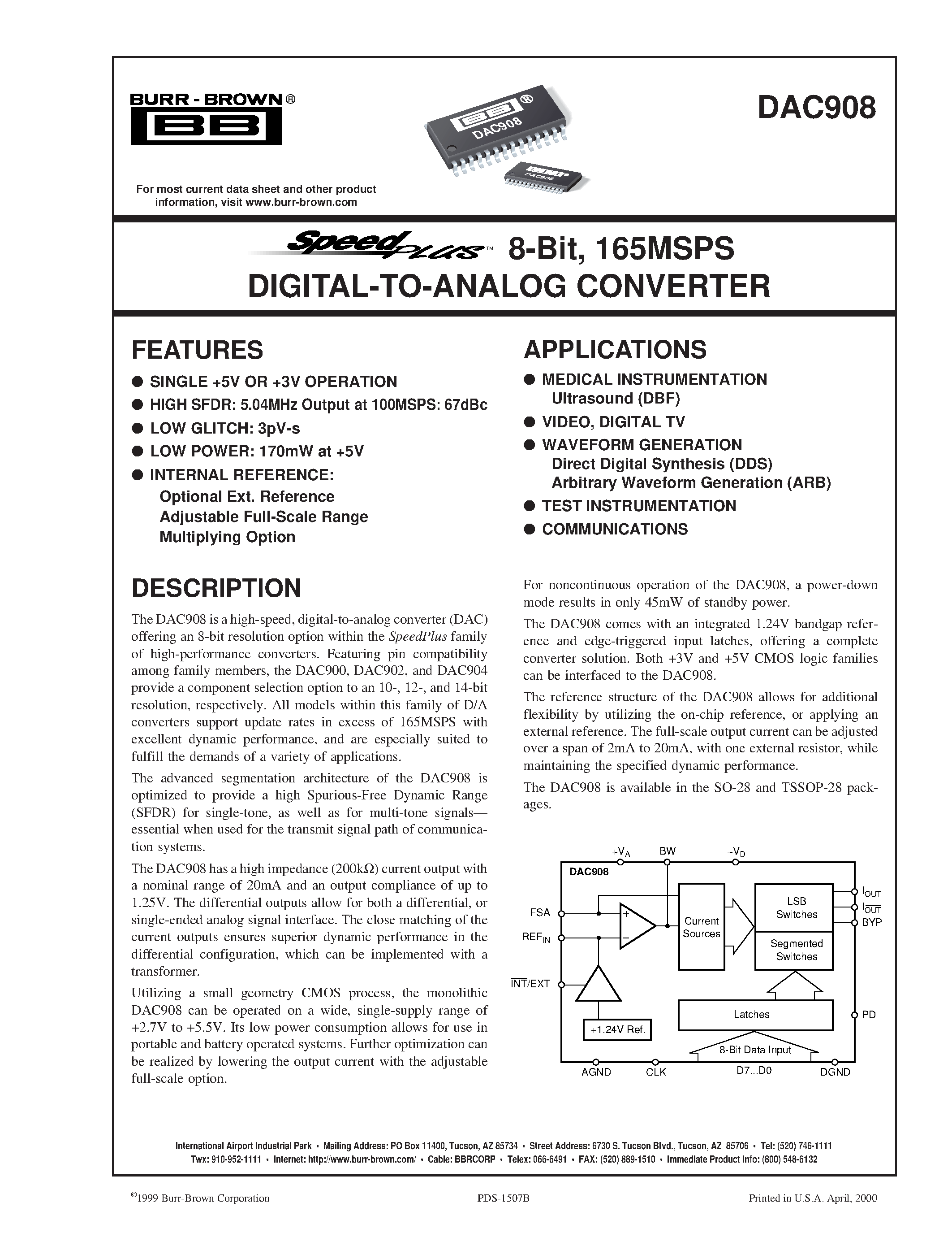 Datasheet DAC908U - 8-Bit/ 165MSPS DIGITAL-TO-ANALOG CONVERTER page 1