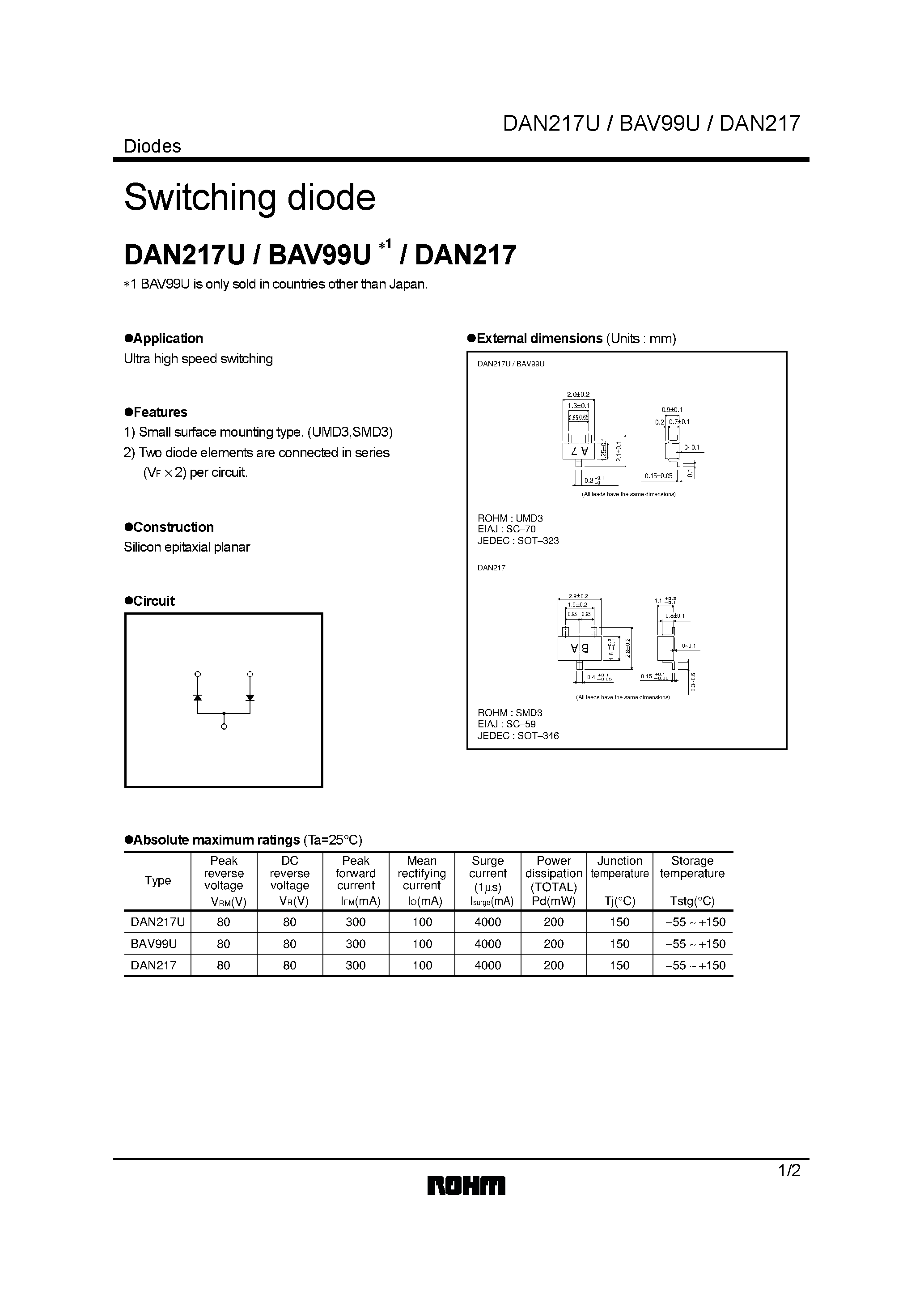 Даташит на микросхему DAN217U страница 1 Даташит DAN217U - Switching diode страница 1