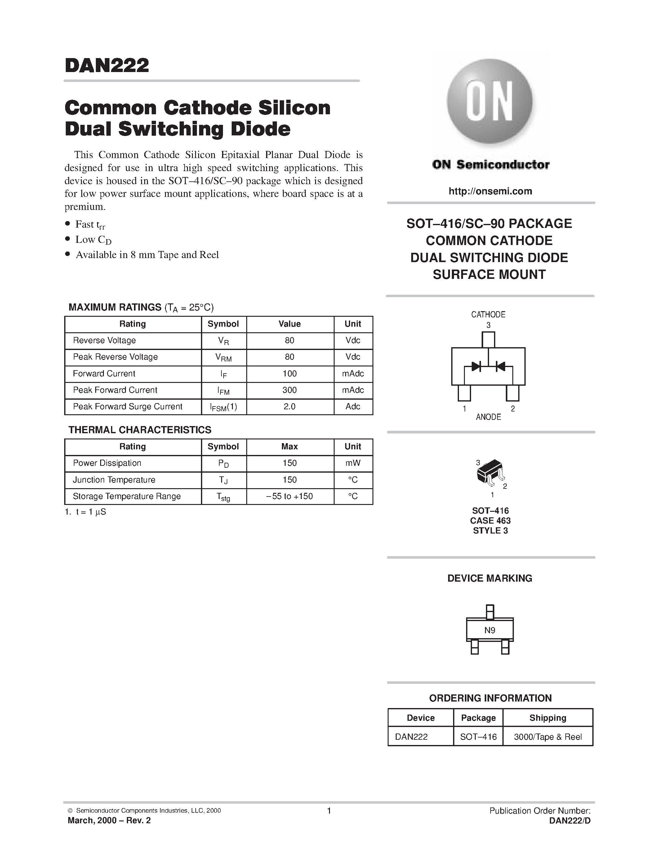 Даташит на микросхему DAN222 страница 1 Даташит DAN222 - COMMON CATHODE SILICON DUAL SWITCHING DIODE страница 1