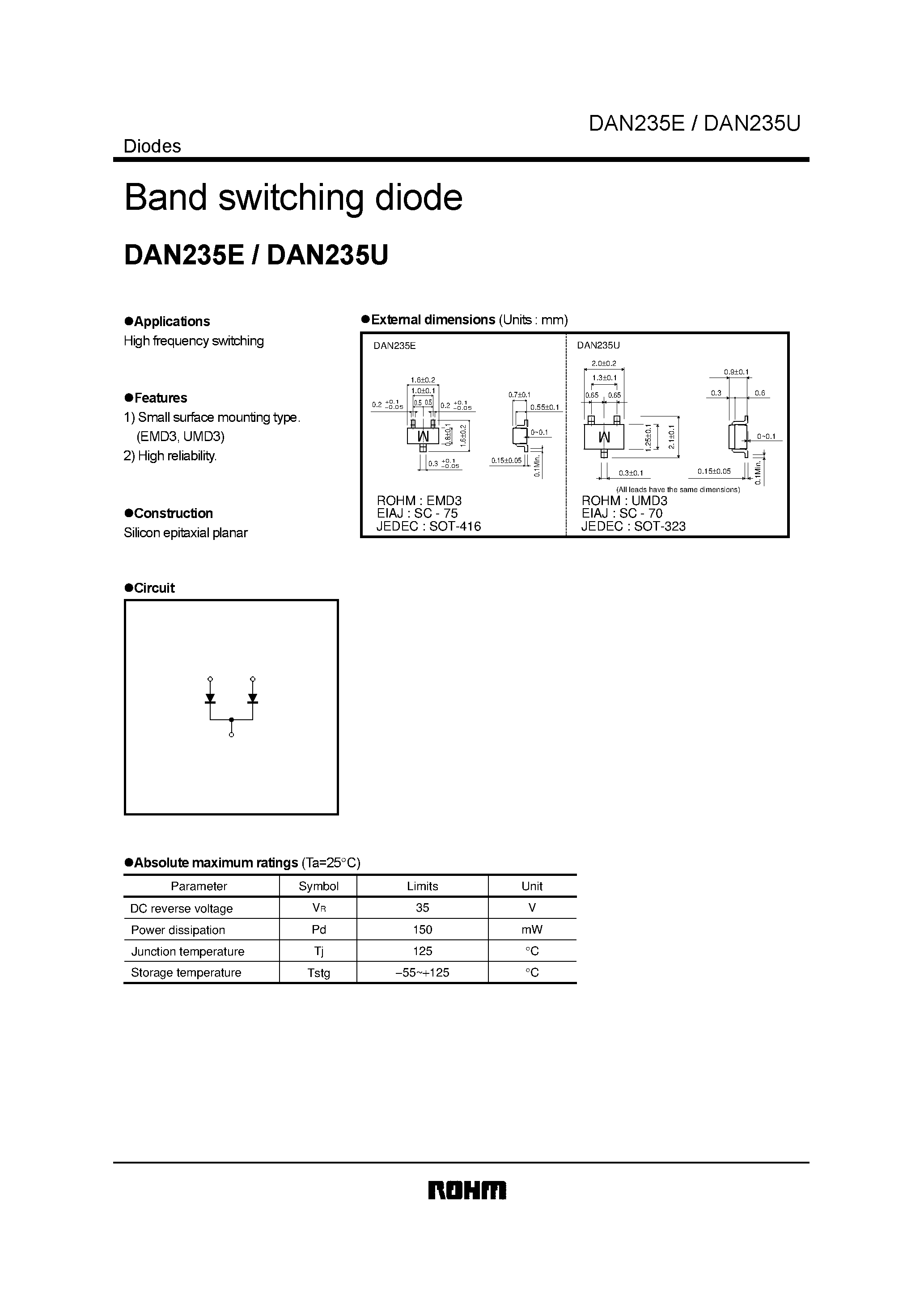 Даташит на микросхему DAN235E страница 1 Даташит DAN235E - Band switching diode страница 1