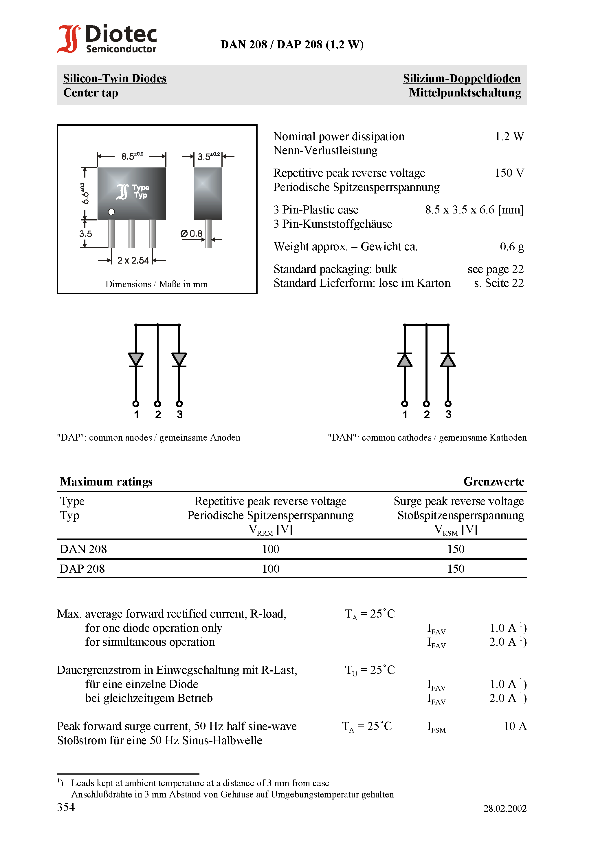 Даташит на микросхему DAP208 страница 1 Даташит DAP208 - Silicon-Twin Diodes Center tap страница 1