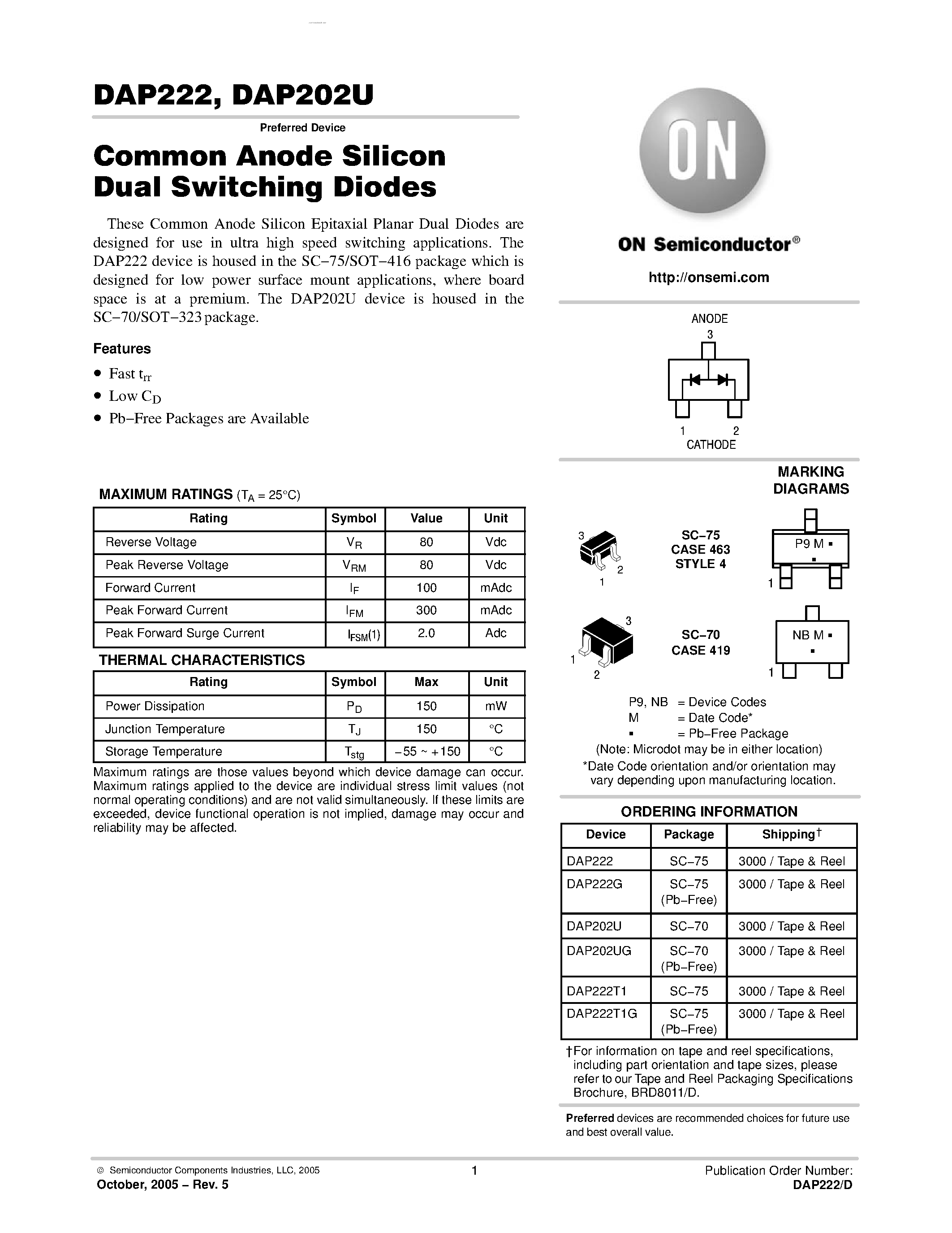 Даташит DAP222 - Common Anode Silicon Dual Switching Diodes страница 1