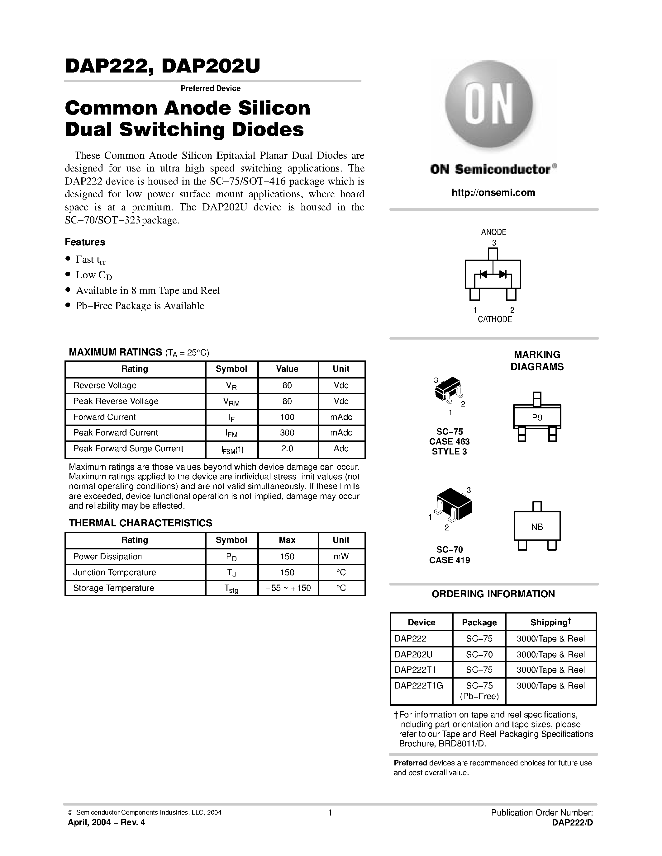 Даташит на микросхему DAP222T1 страница 1 Даташит DAP222T1 - Common Anode Silicon Dual Switching Diodes страница 1