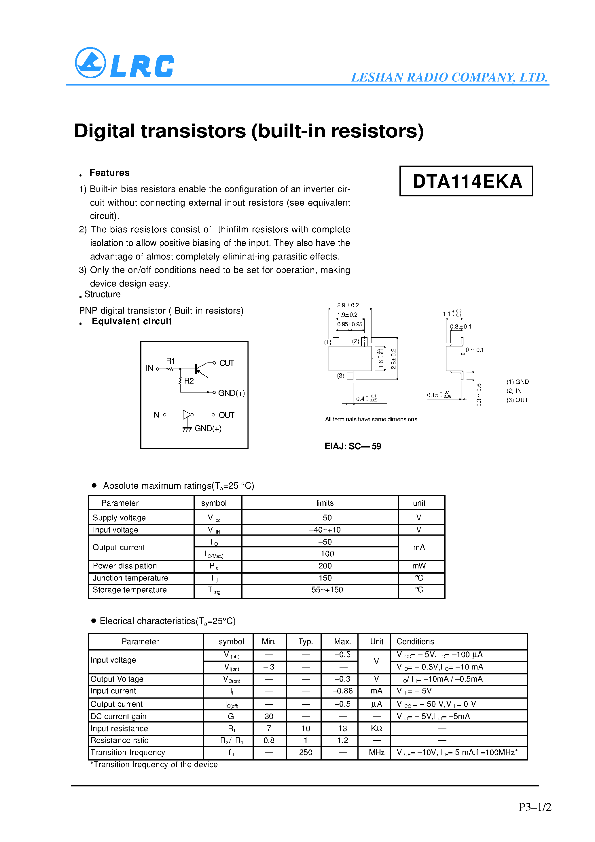 Даташит DAT114EKA - Digital transistors(built-in resistor) страница 1