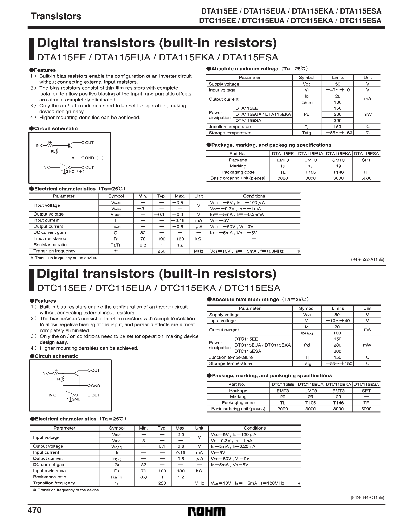 Даташит DAT115ESA - Digital transistors (built-in resistors) страница 1