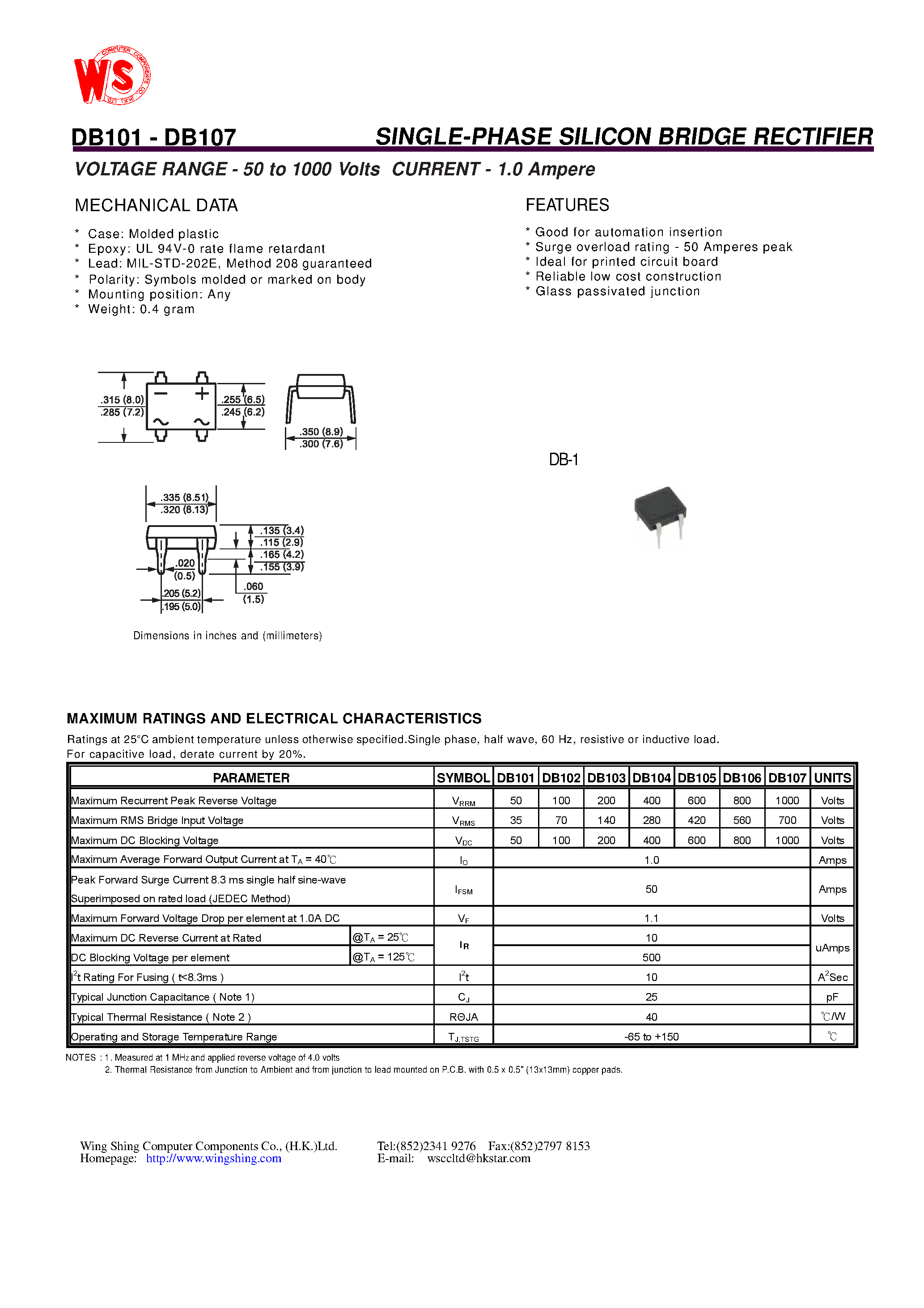 Datasheet DB101 - SINGLE-PHASE SILICON BRIDGE RECTIFIER(VOLTAGE RANGE - 50 to 1000 Volts CURRENT - 1.0 Ampere) page 1