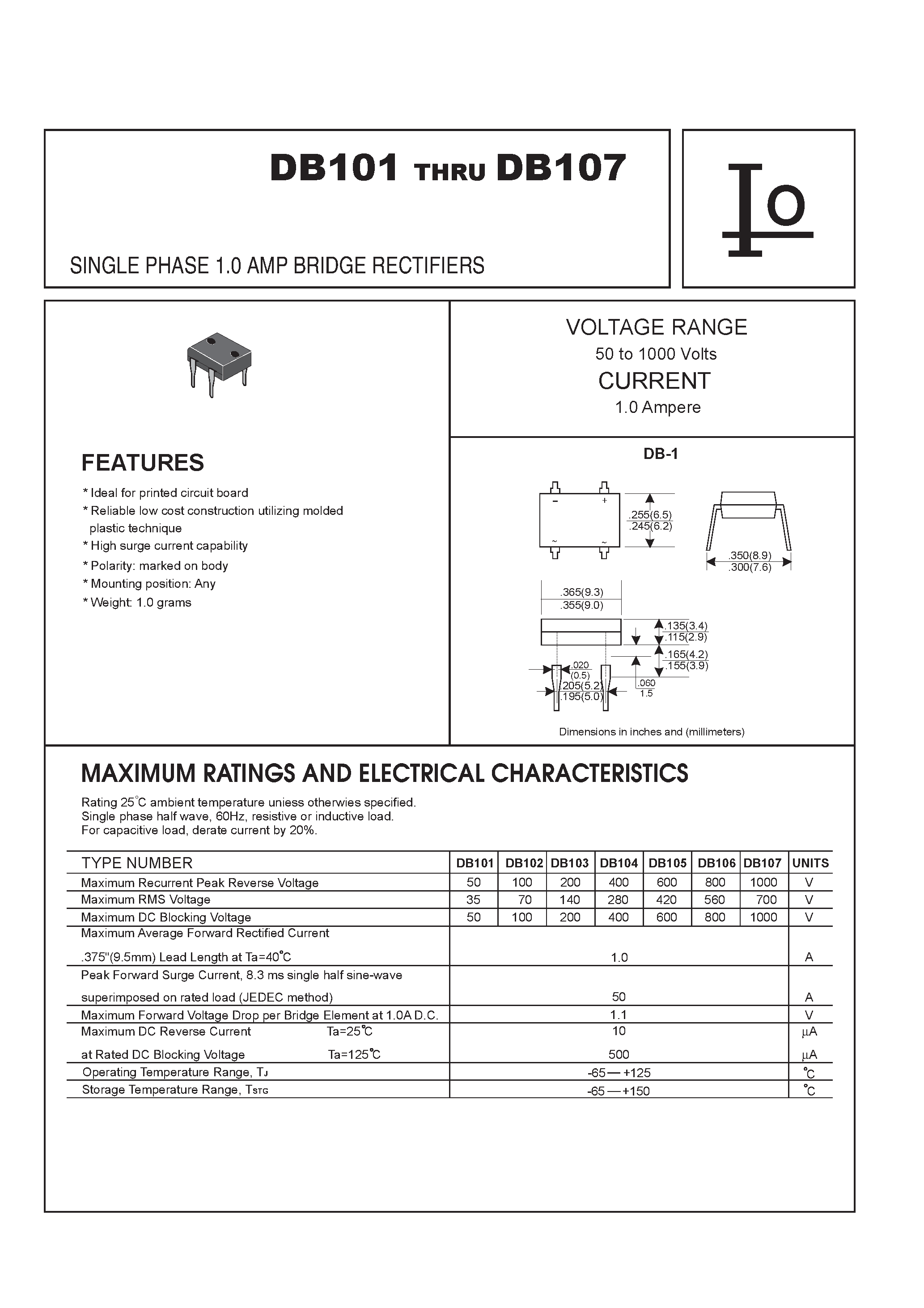 Datasheet DB101 - SINGLE PHASE 1.0 AMP BRIDGE RECTIFIERS page 1