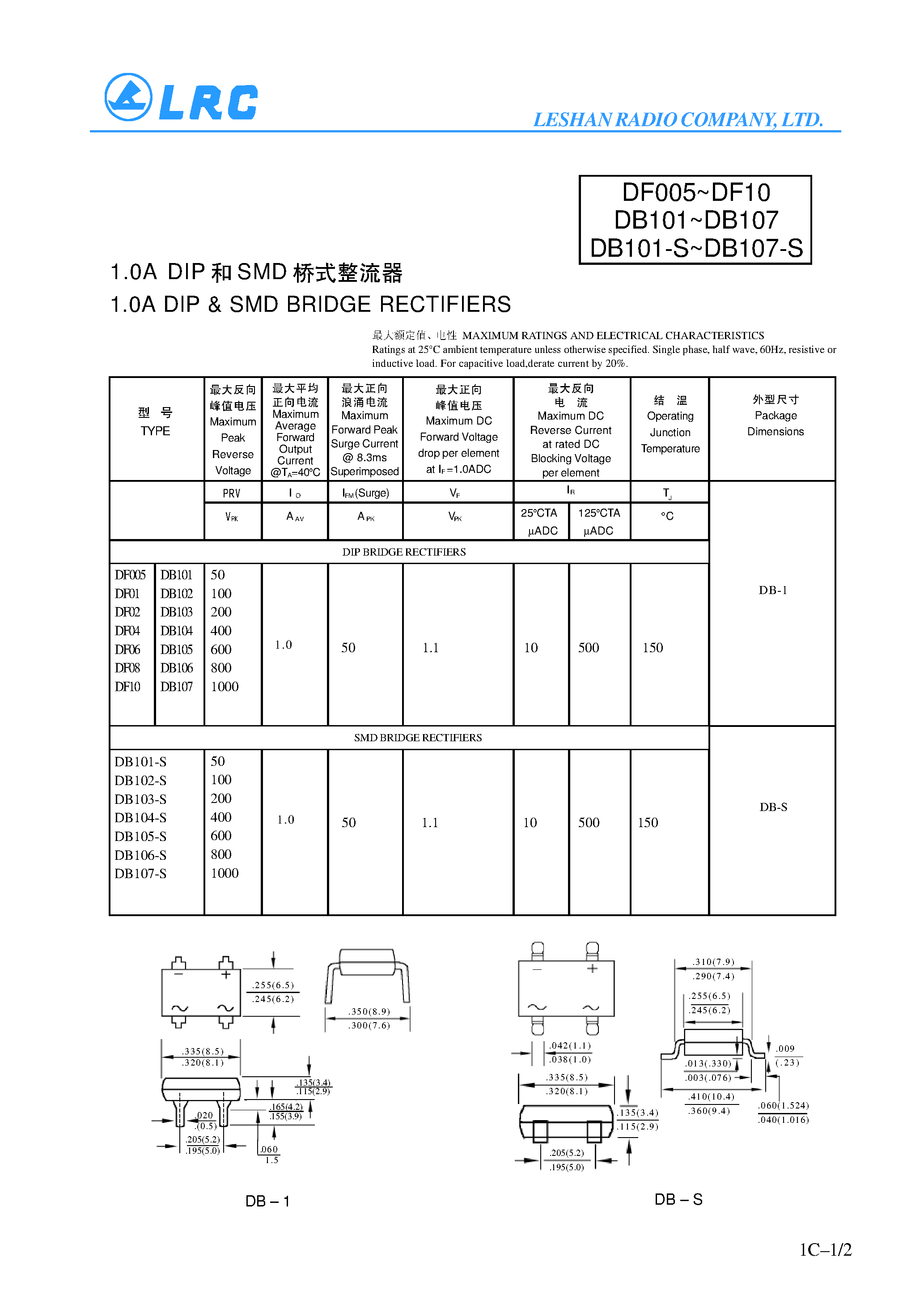 Datasheet DB101-S page 1 Datasheet DB101-S - 1.0A DIP & SMD BRIDGE RECTIFIERS page 1