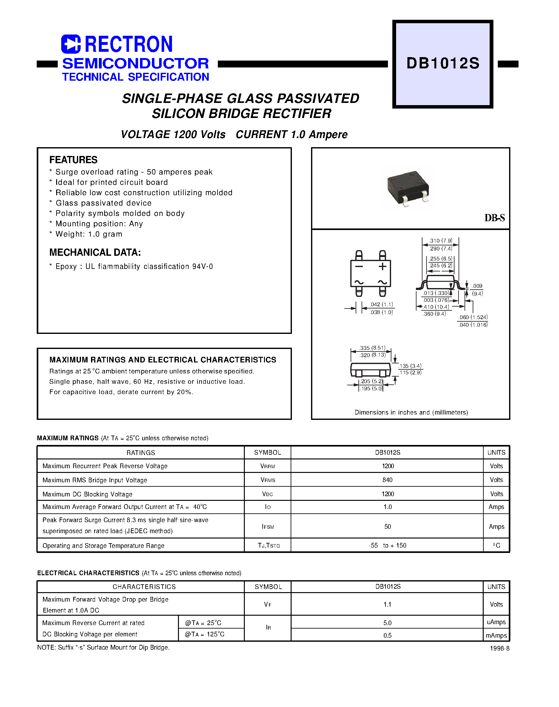 Datasheet DB1012S page 1 Datasheet DB1012S - SINGLE-PHASE GLASS PASSIVATED SILICON BRIDGE RECTIFIER page 1