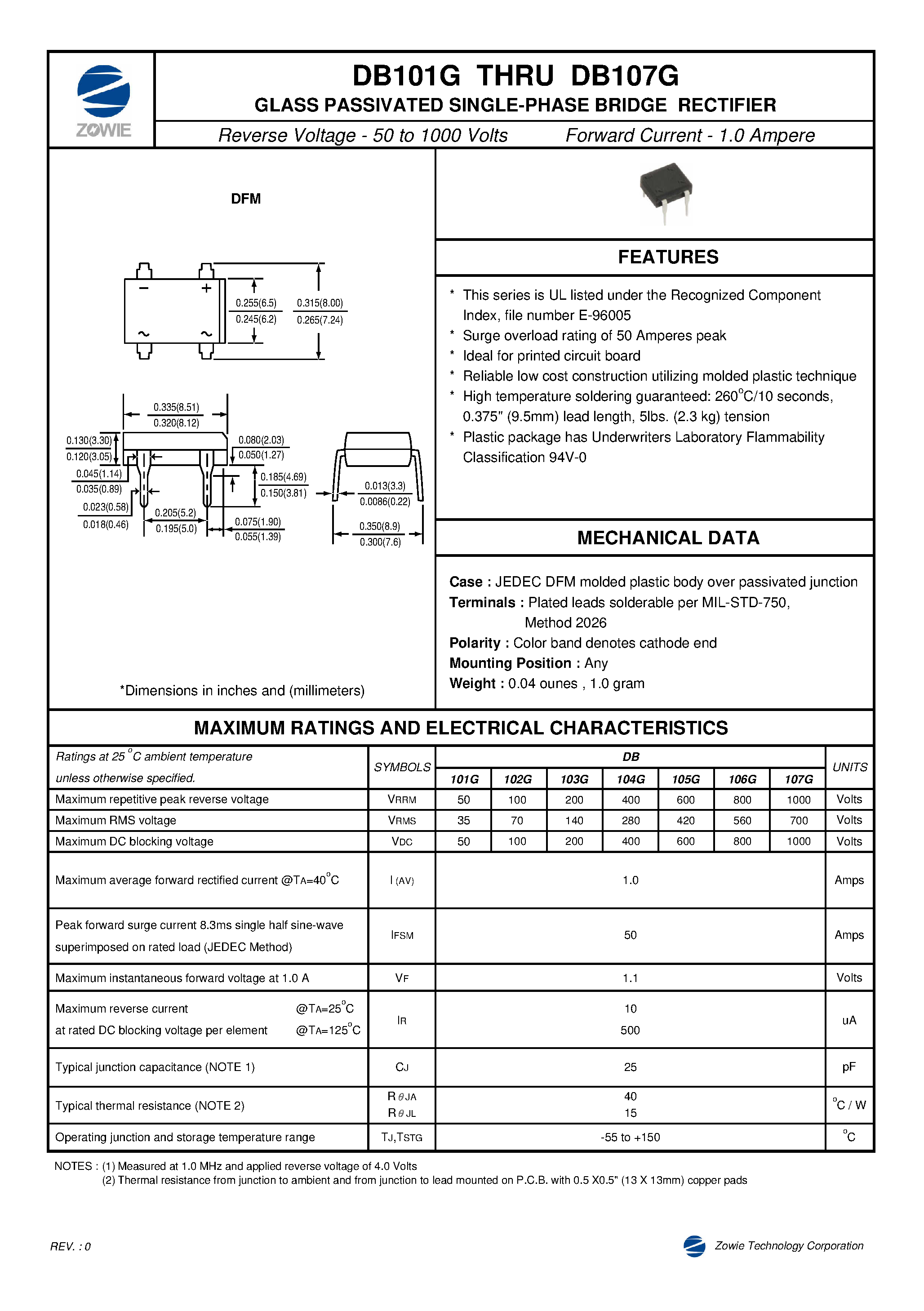 Datasheet DB101G page 1 Datasheet DB101G - GLASS PASSIVATED SINGLE-PHASE BRIDGE RECTIFIER page 1