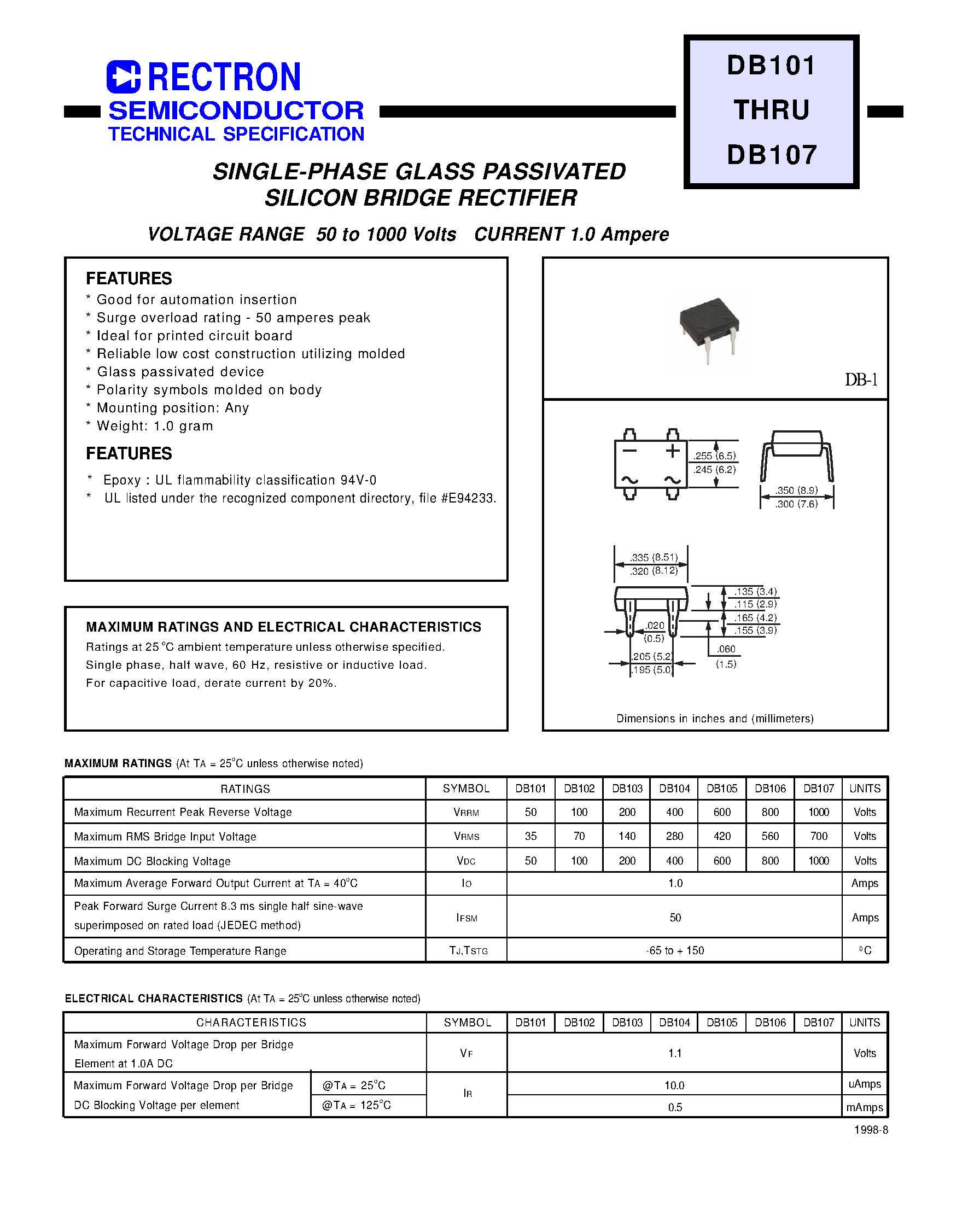 Datasheet DB102 page 1 Datasheet DB102 - SINGLE-PHASE GLASS PASSIVATED SILICON BRIDGE RECTIFIER page 1