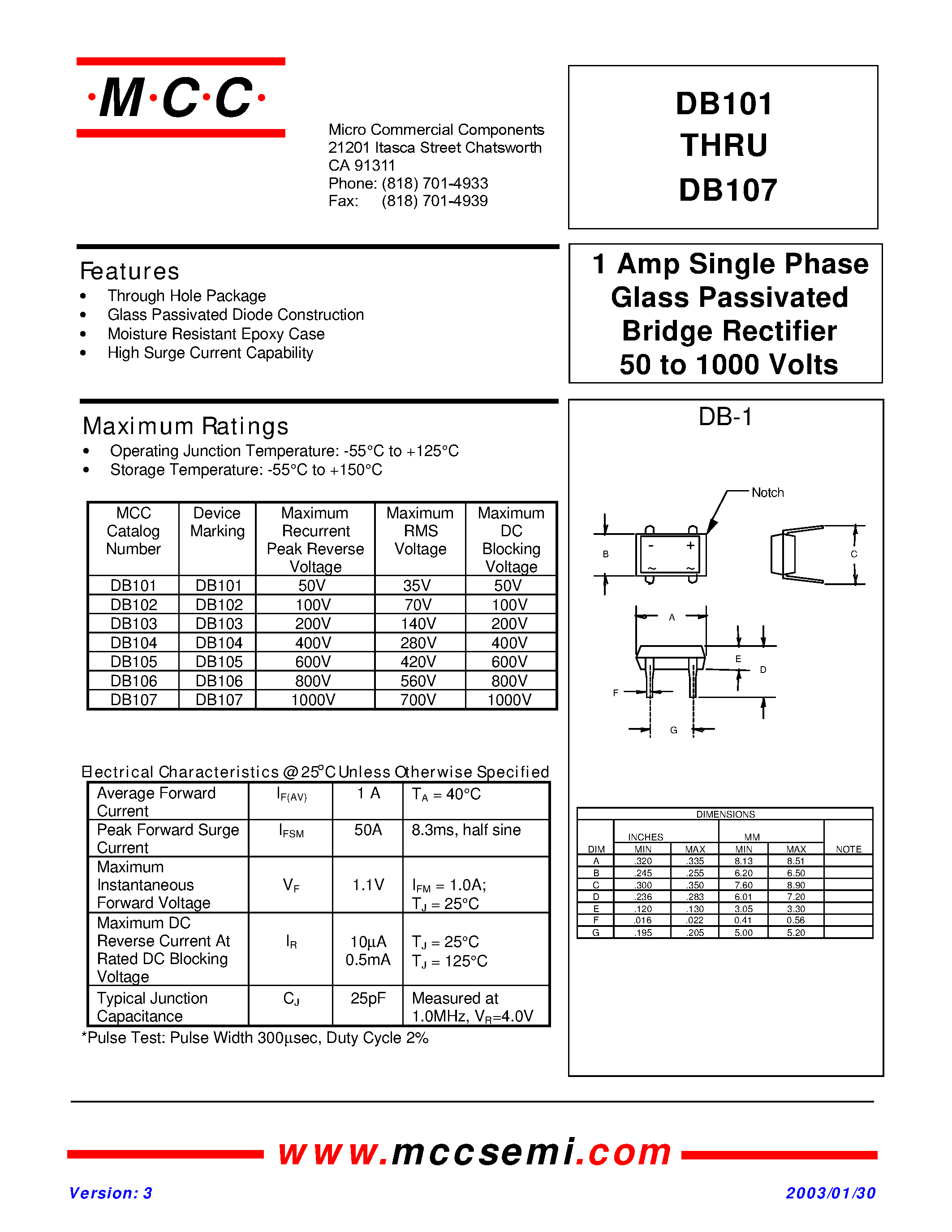 Datasheet DB103 - 1 Amp Single Phase Glass Passivated Bridge Rectifier 50 to 1000 Volts page 1
