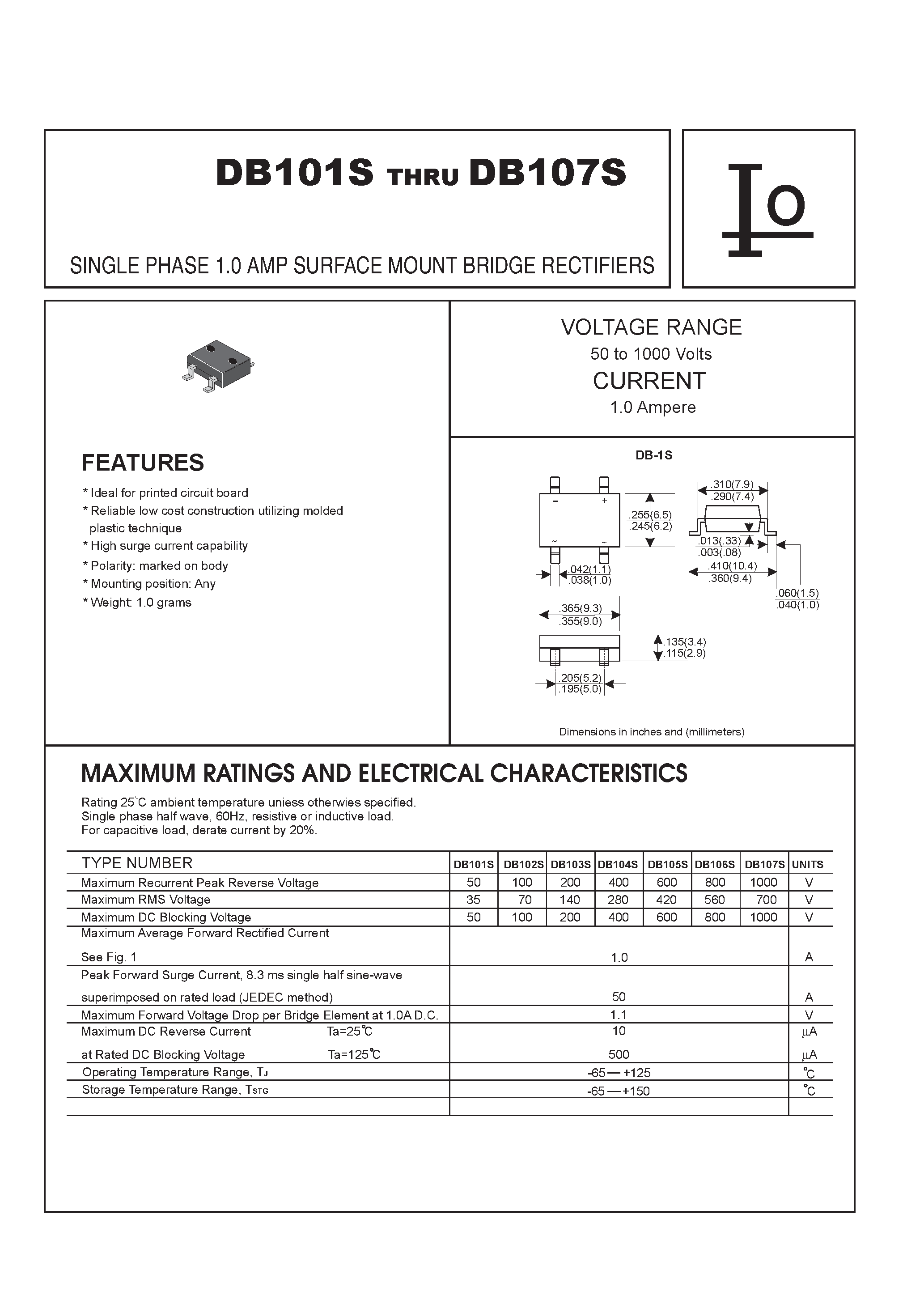 Datasheet DB103S - SINGLE PHASE 1.0 AMP SURFACE MOUNT BRIDGE RECTIFIERS page 1