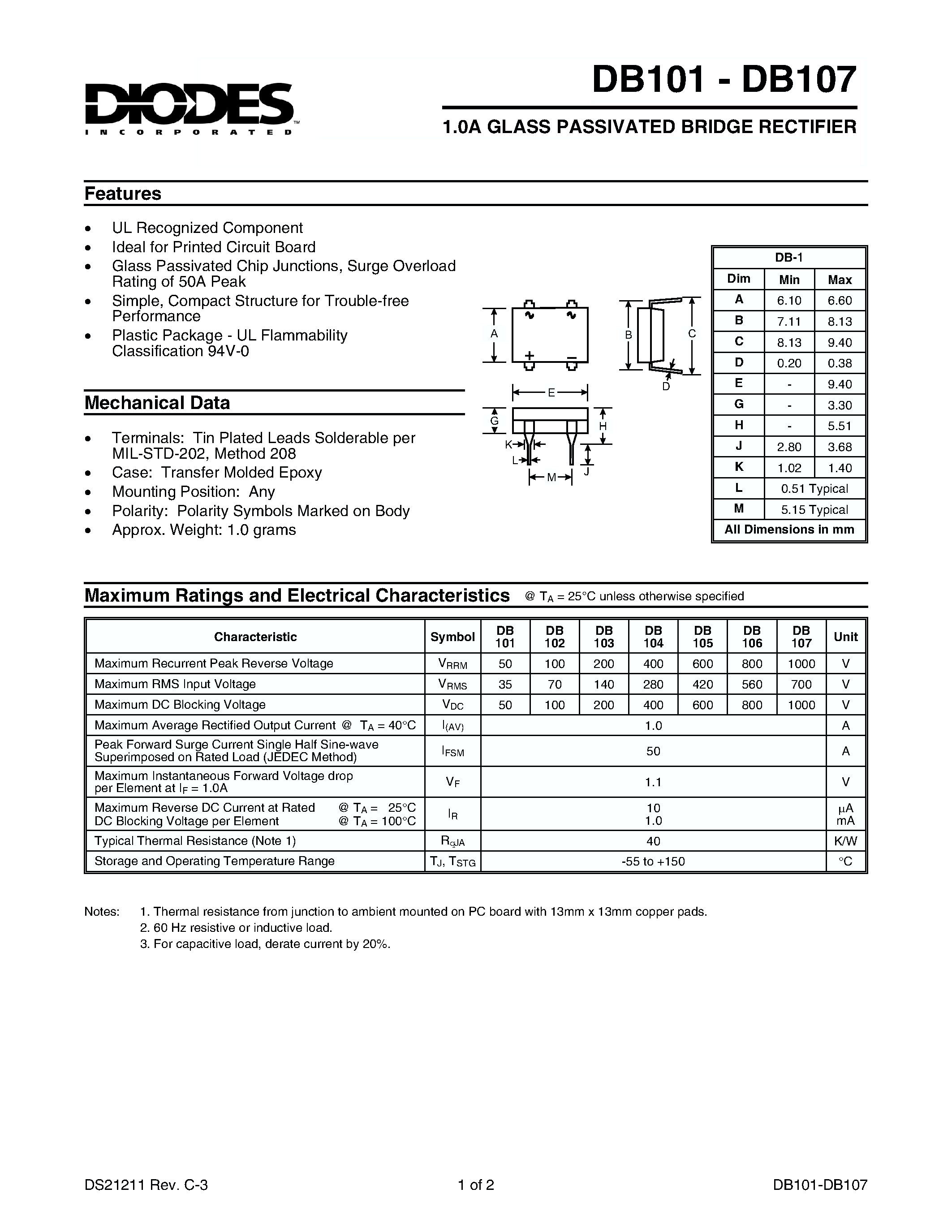 Datasheet DB104 - 1.0A GLASS PASSIVATED BRIDGE RECTIFIER page 1