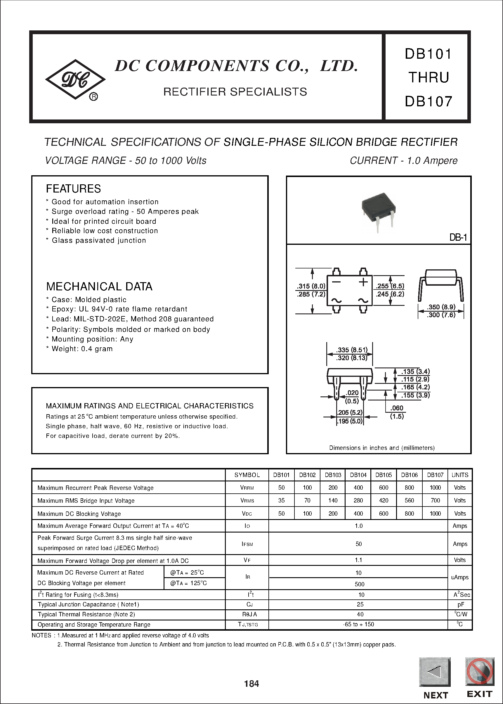Datasheet DB104 page 1 Datasheet DB104 - TECHNICAL SPECIFICATIONS OF SINGLE-PHASE SILICON BRIDGE RECTIFIER page 1